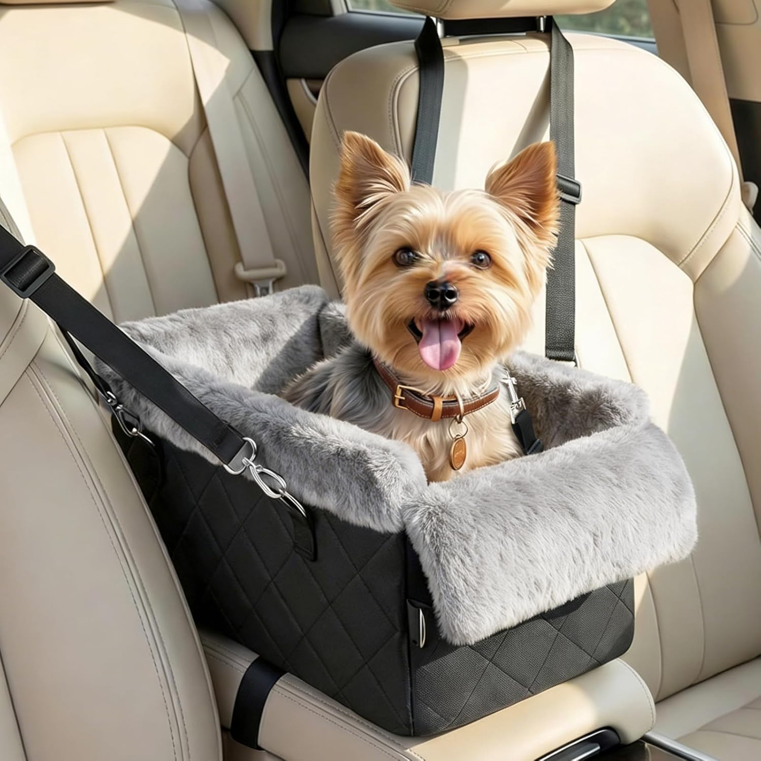 Dog Car Seats for Small Dogs,Center Console Dog Car Seat with Non-Slip and Strong Support,Anti-Collapse Portable Pet Bed for Puppies with Soft Cushion Safety Belt, Small Dogs, Cats Under 12 LBS, Black