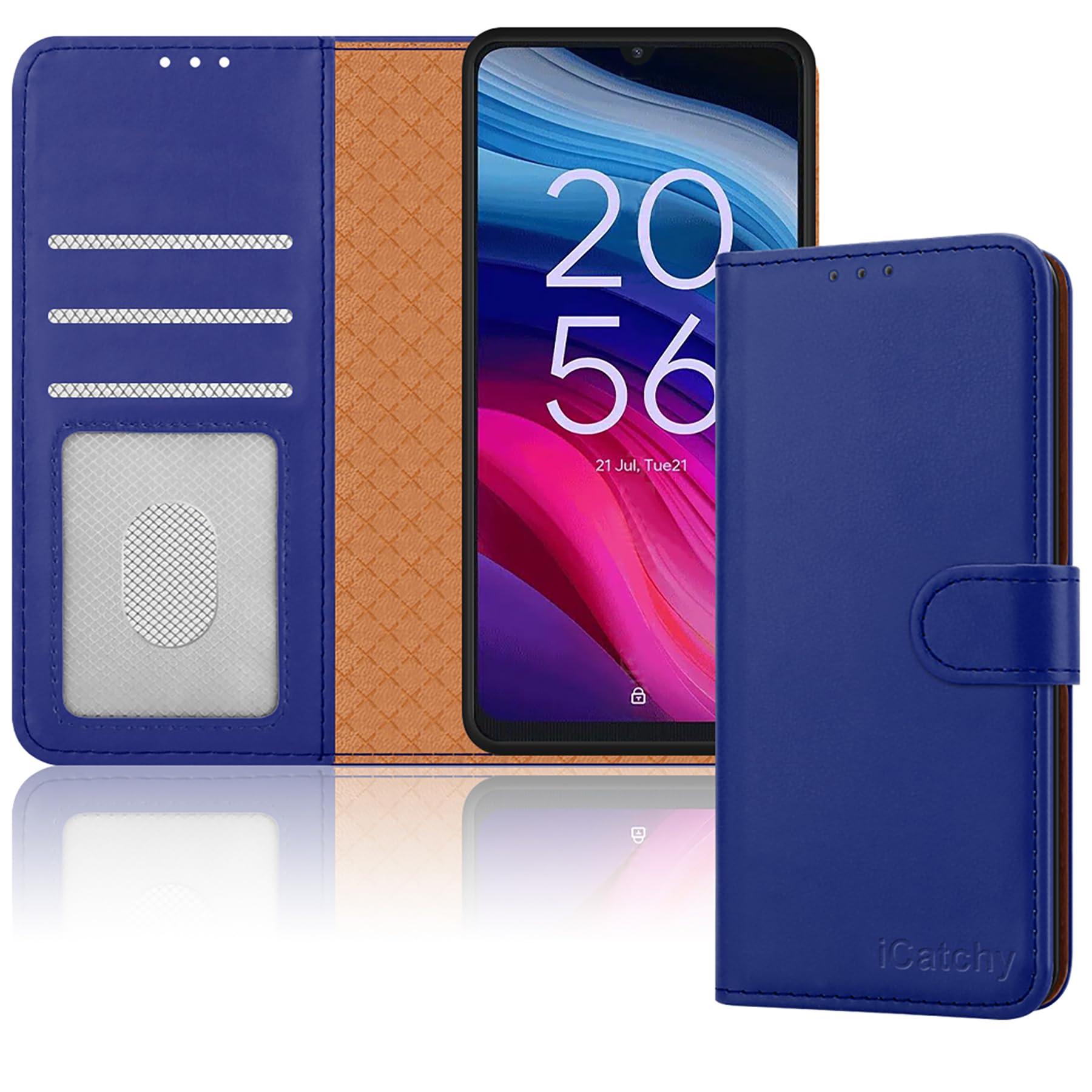 iCatchy For TCL 505 Case Leather Wallet Book Card Slots Magnetic Closure Kickstand Shockproof RFID Blocking Protective Phone Cover for TCL 505 (Blue)