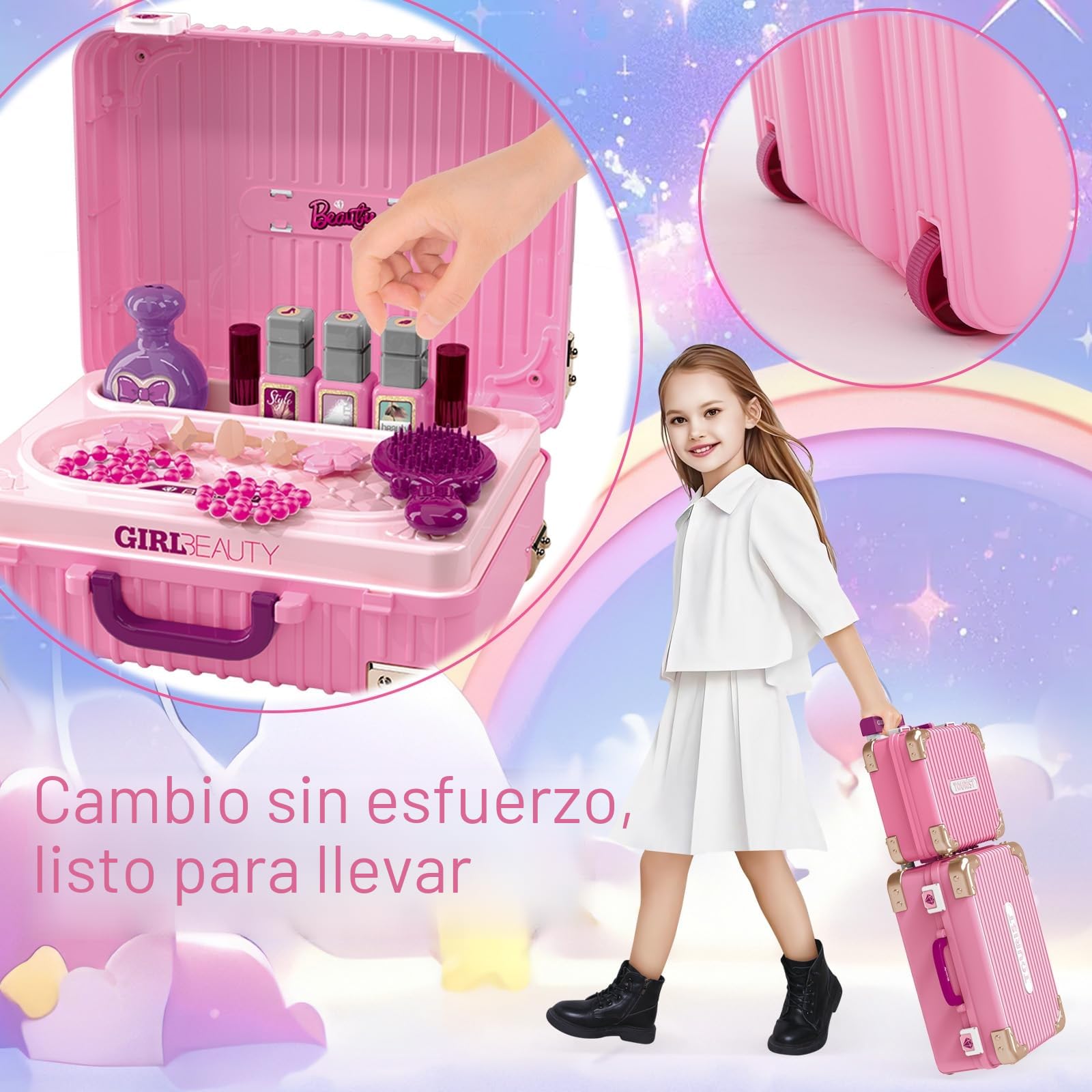 deAO Tocador De Maquillaje Niña de Princesa con Maletin Maquillaje niñas,Conjuntos De Maquillaje y para Juegos Infantiles,Juguetes Niña de 3 a 12 años