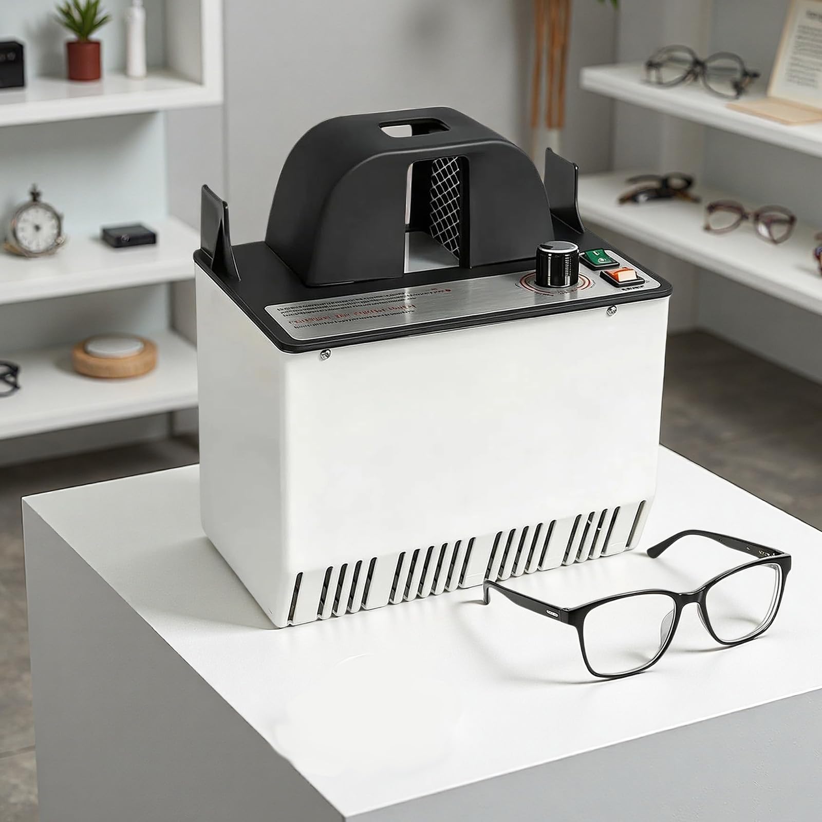 SICWEDIM Eyeglasses Frame Warmer, Optical Glasses Frame Heater Warmer, with Closable Cover, Dual Heating Modes: 60~75°C, 120~140°C, Uniform Heating, for Opticians and Repair Shops