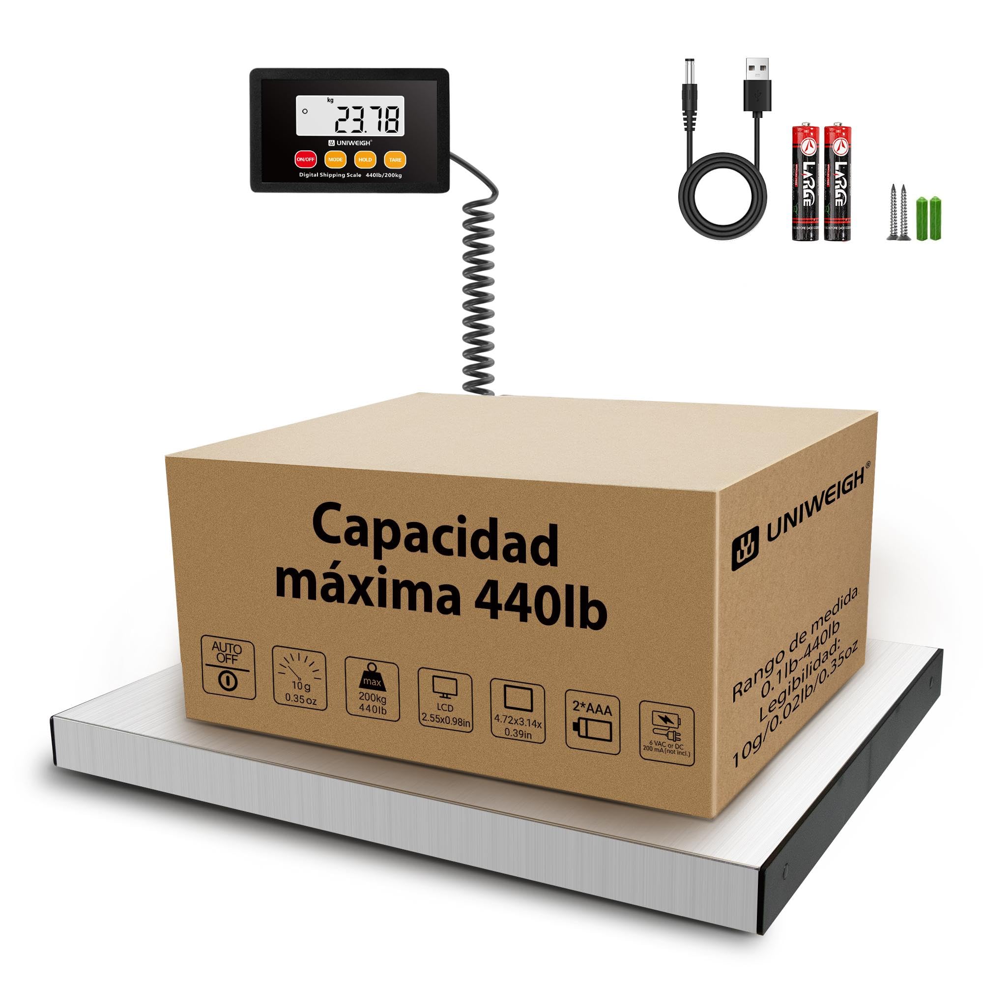 UNIWEIGH Bascula Postal Digital,440lb x 10g Bascula industrial,Plataformas de Acero Inoxidable,Balanza Pesada con Retención/Tara/Pantalla LCD,Báscula Postal para Paquetes/Almacén/Equipaje
