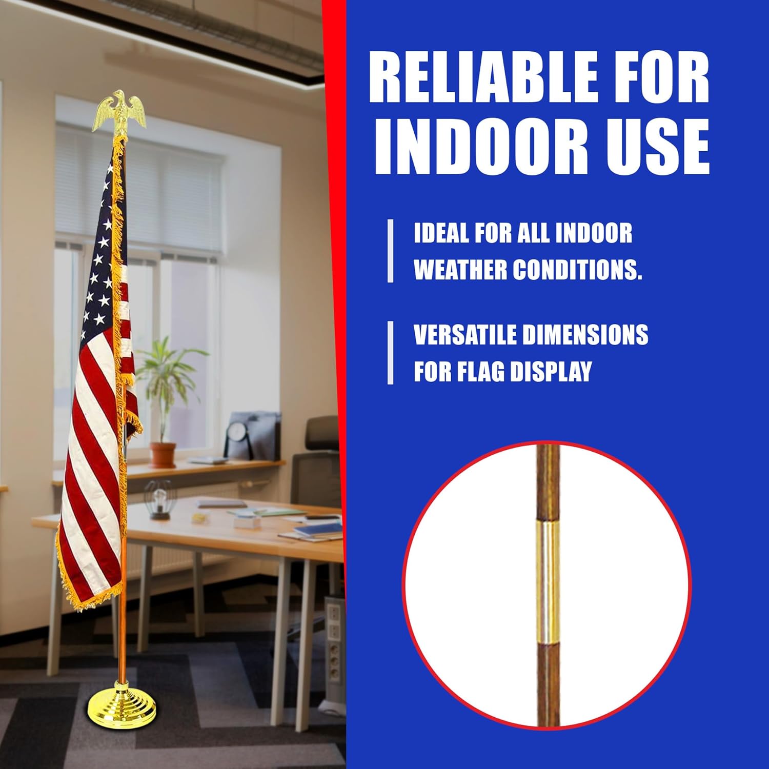 Super Tough Indoor Oak Finish 8ft Flag Pole | USA-Made Solid Hardwood Construction | Tapered Design with Brass Screw Joint | Ideal for Indoor Flag Display | 1 1/4" Diameter, Tapers to 7/8"