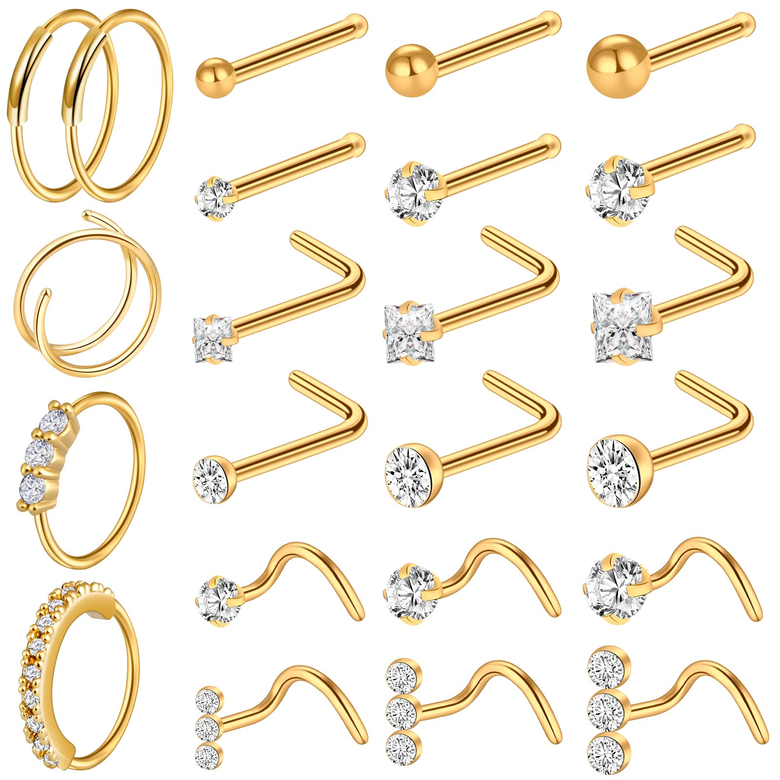 ONESING 23-40 Pcs Gold Nose Rings & Studs - 18G & 20G Nose Piercing Jewelry - L Shape, Hoop & Screw Body Jewelry for Women & Men