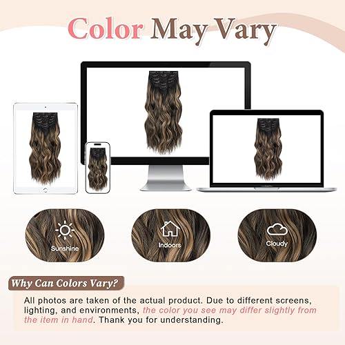 Miniatura 9 de Synthetic Clip in Hair Extensions, 6PCS Natural &Soft Hair& Blends Well Lonng Wavy Hairpieces(20inch,6pcs, Black with Brown Highlights)