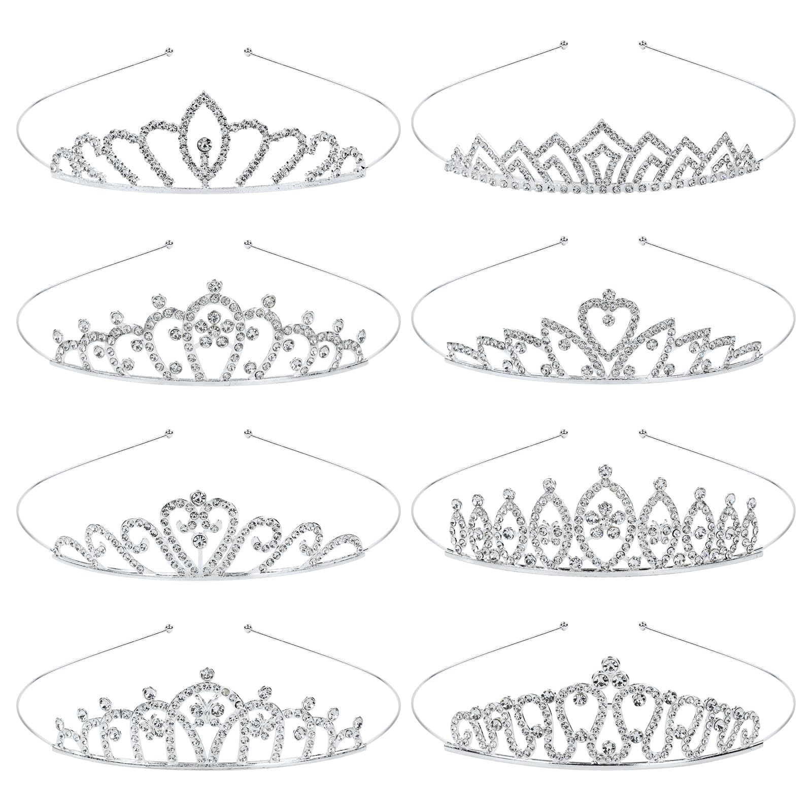 8 Pack Silver Thin Metal Sparkly Glitter Rhinestone Crystal Crown Headbands Wedding Prom Birthday Party Princess Hair Bands Tiaras Accessories for Kids Girls Teens Women Brides