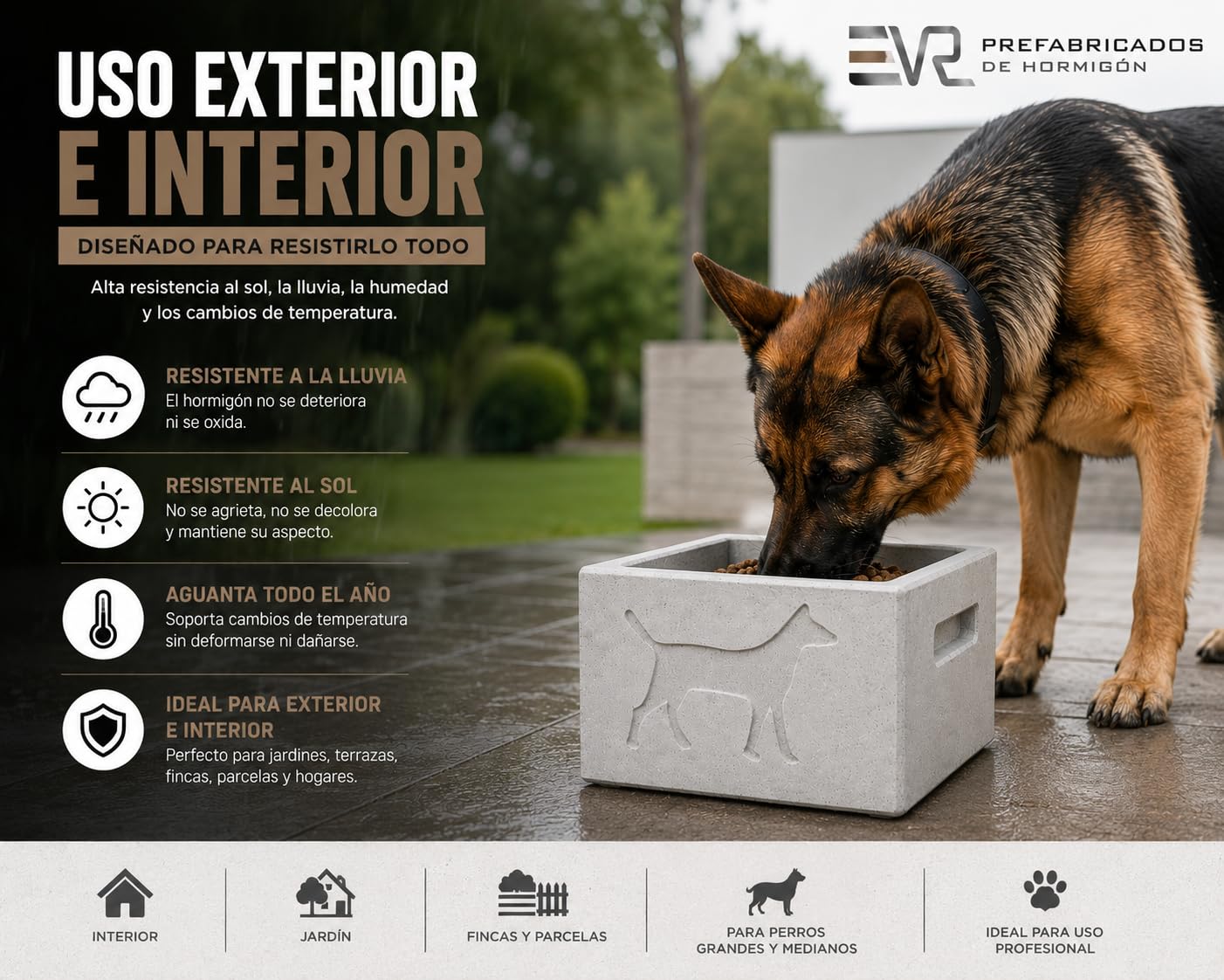 VR Prefabricados Comedero de Hormigón Antivuelco para Perros – 13 kg Peso Real – Antimordeduras y Ultra Resistente – Uso Exterior – Acabado Artesanal – Fabricado en España