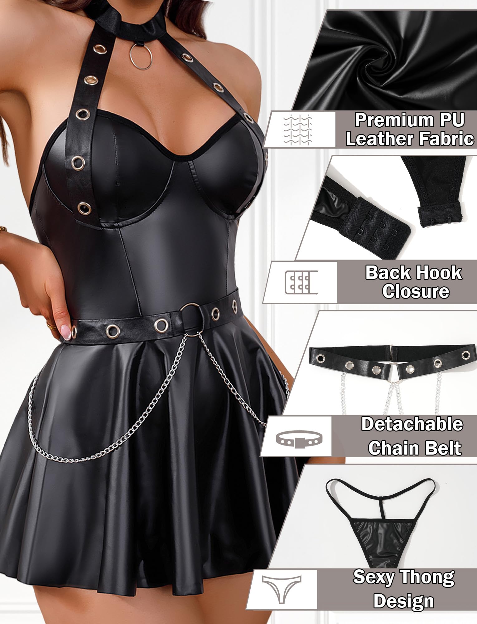 AIEOE Robe en Latex pour Femme Ensemble Lingerie Dos Nu Robe Sexy en Cuir Effet mouillé