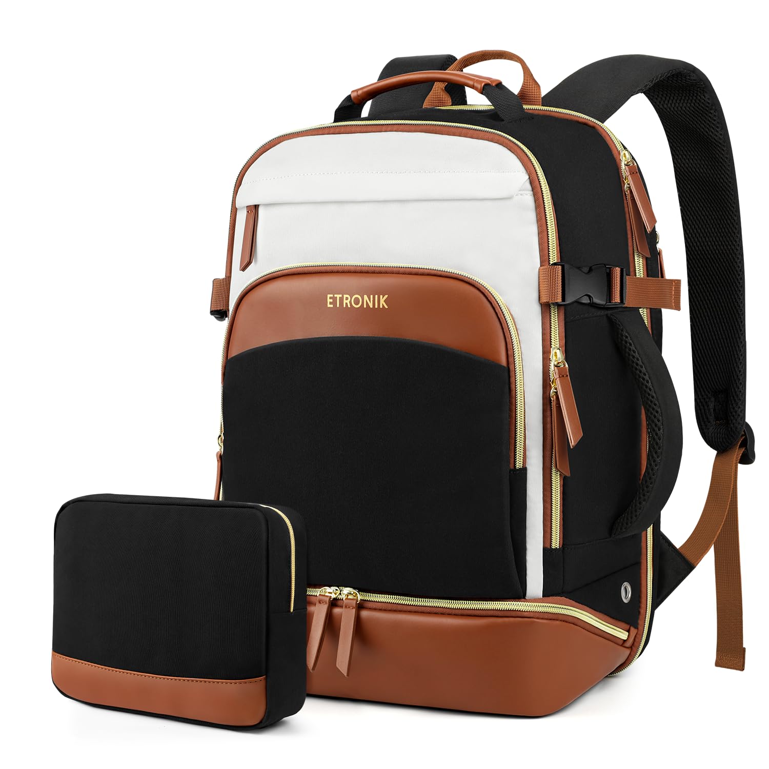 ETRONIK Travel Backpack for Women, Carry on Backpack Flight Approved with Shoe Compartment & Wet Pocket, Personal Item Travel Bags Fit 17.3" laptop, Travel Work Business Backpack, Beige-black-brown