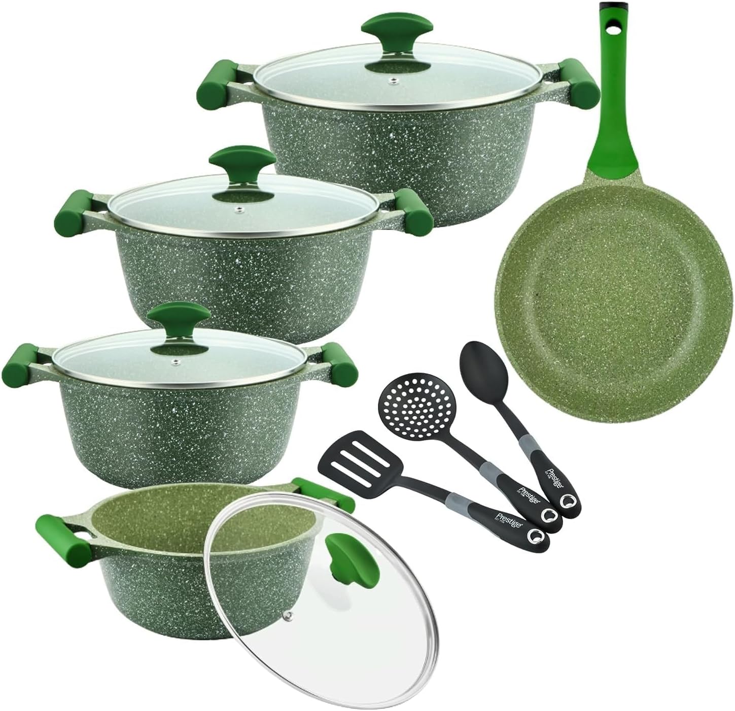 Prestige 12 pc Green Granite Non-Stick Aluminium Cookware Set | Induction Base | Non-Stick Aluminium | Granite Casserole & Fry Pan
