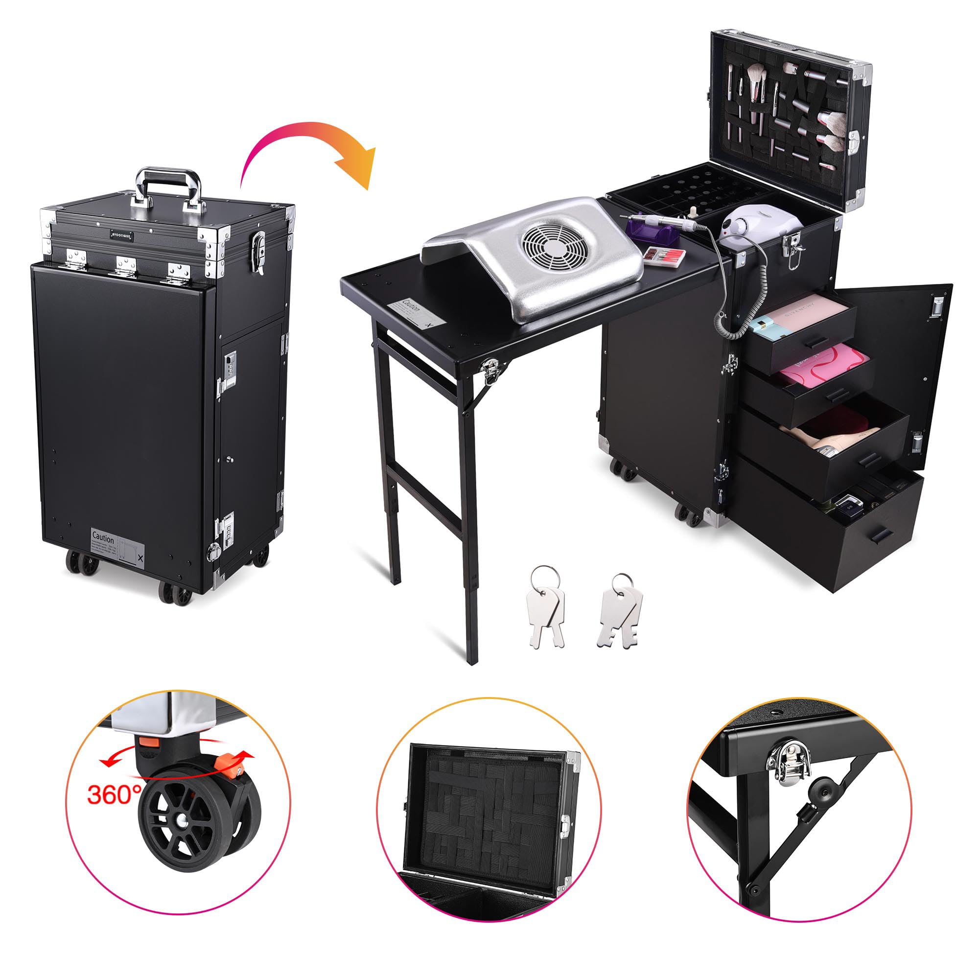 BYOOTIQUE Portable Manicure Table Desk Station for Nail Tech Organizer Rolling Makeup Case with Wheels 4 Drawers Storage for Manicurist Technician Workstation Artist,Black