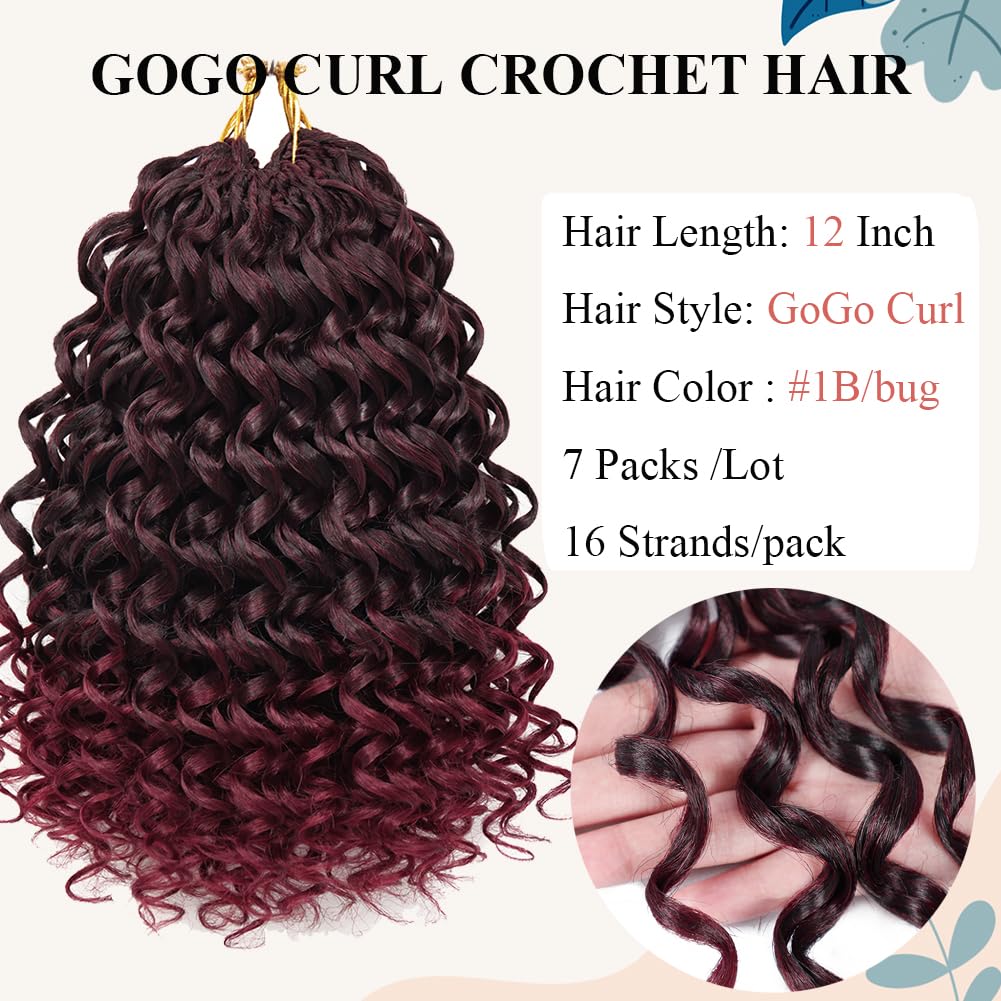 GoGo Curl Crochet Hair for Women 12 Inch Short Curly Crochet Hair Water Wave Curly Crochet Braids for Women 7 Packs Ombre Burgundy Deep Wave Braiding Hair Extensions (12 Inch, 1B/BUG)