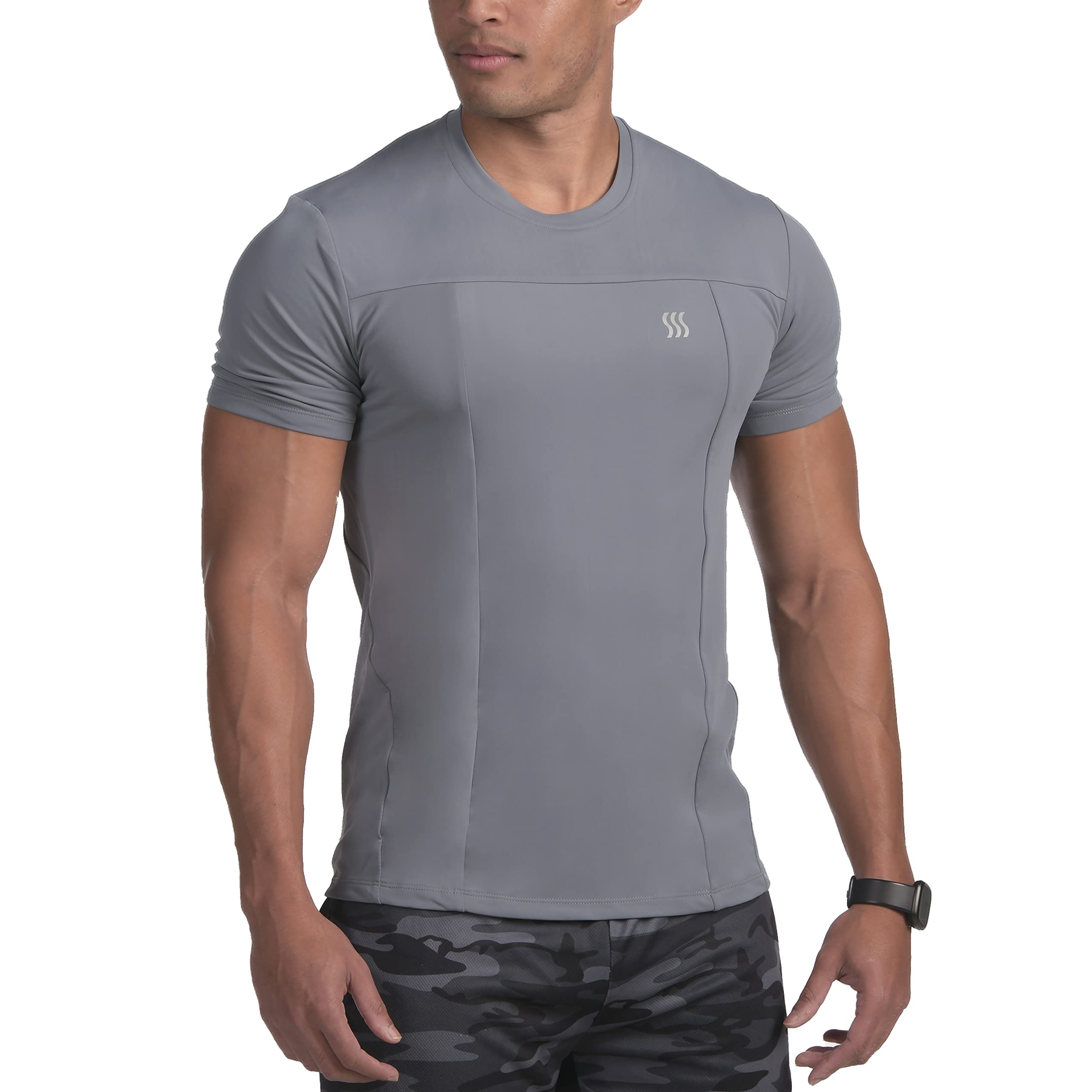 SAAKA Men's Hybrid Compression Shirt. Form Fitting for Muscular & Athletic Look. (Large, Graphite)