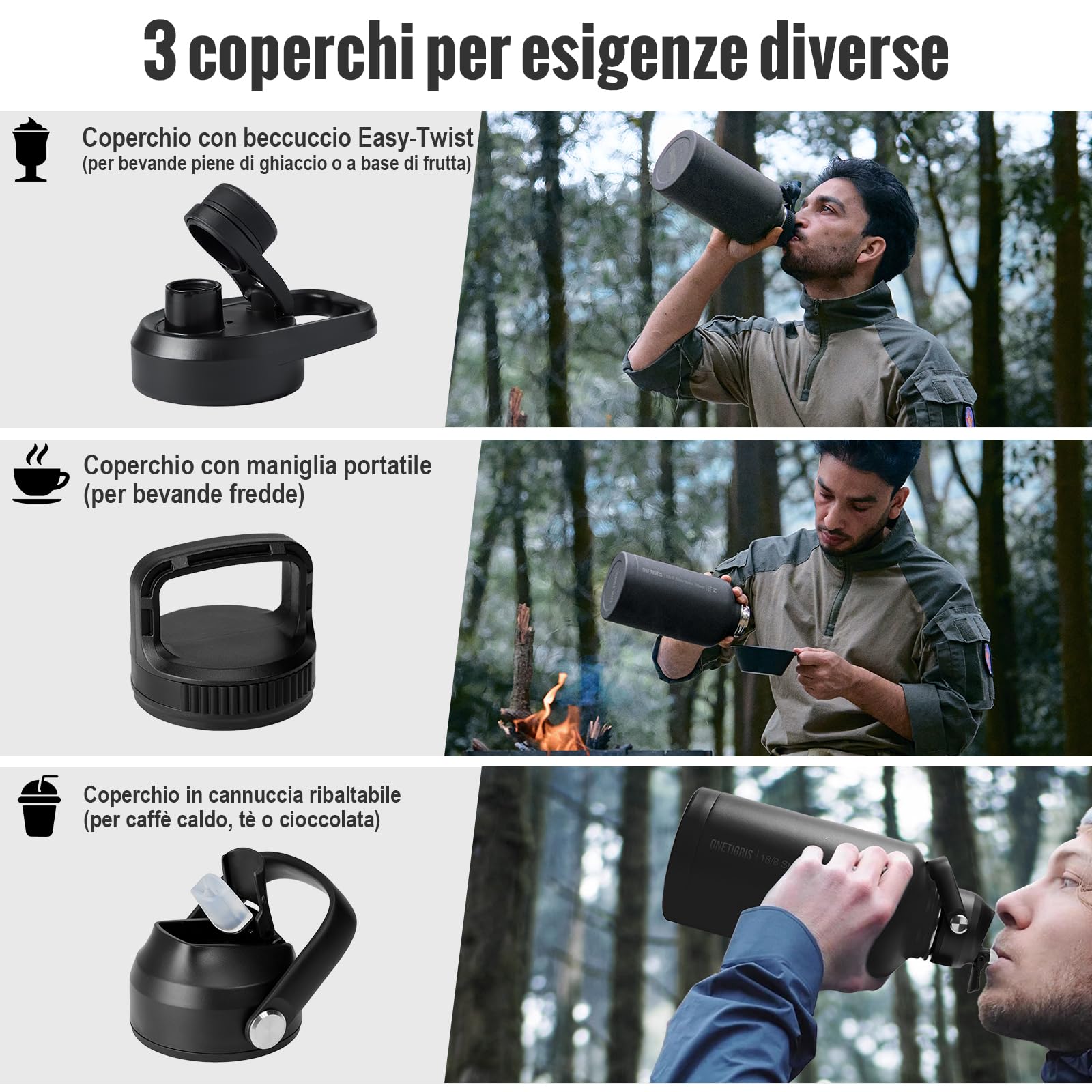 OneTigris Borraccia in acciaio inox 1,9L, alta capacità, borraccia sportiva con buon effetto isolante per bicicletta, campeggio, yoga, palestra, softair, nero, 64 OZ