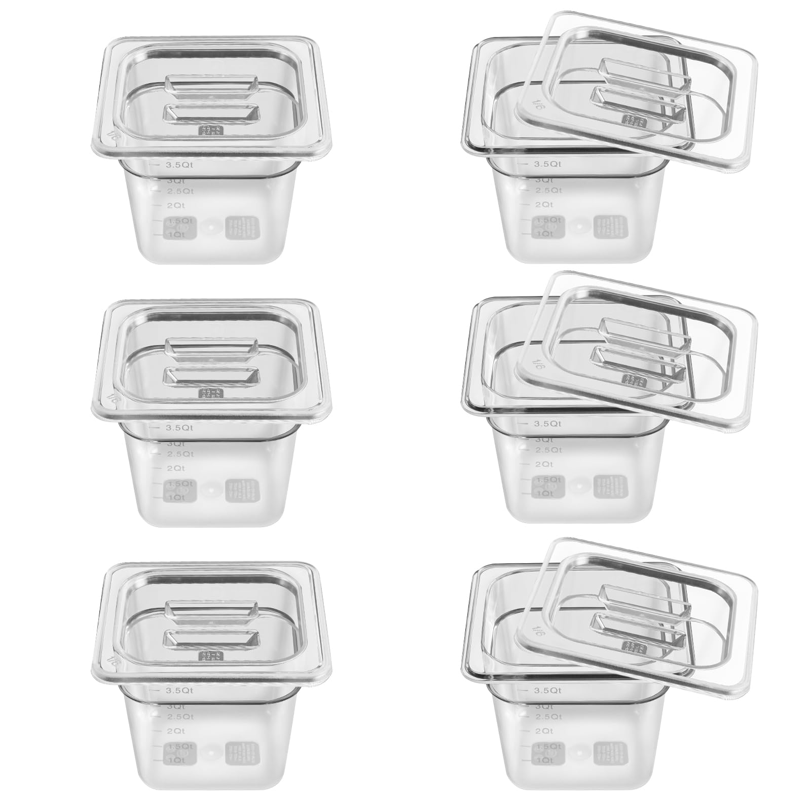 Paquete de 6 sartenes transparentes de 1/6 de 6 pulgadas de profundidad con tapas, sartenes comerciales de policarbonato transparente para almacenamiento de alimentos, sartén de plástico apilable con