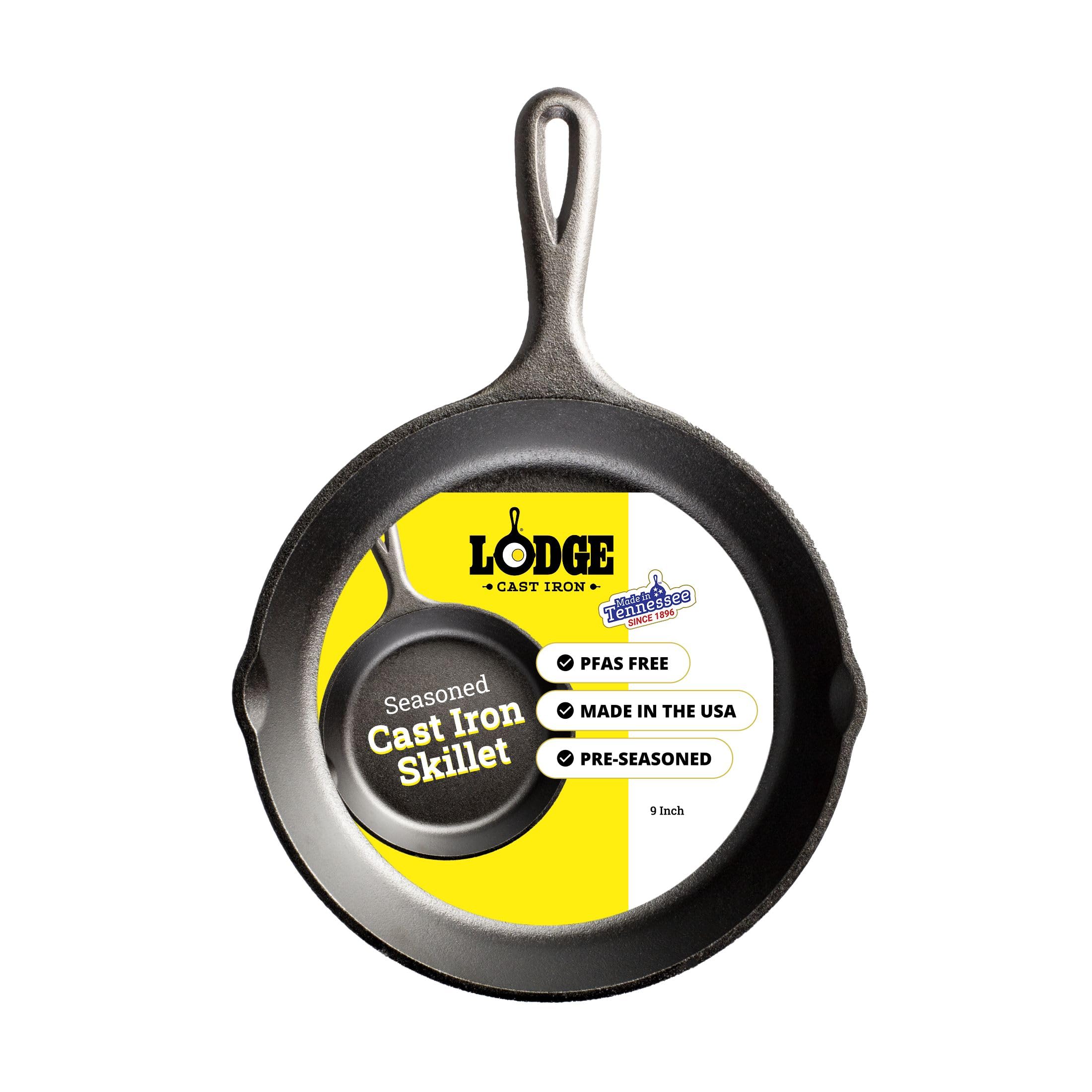 Lodge Seasoned Cast Iron Skillet - PFAS-Free, Non-Toxic Cookware - Use with an Oven, Stove, Grill, or Campfire - Naturally Non-Stick & Oven Safe - 9 Inches