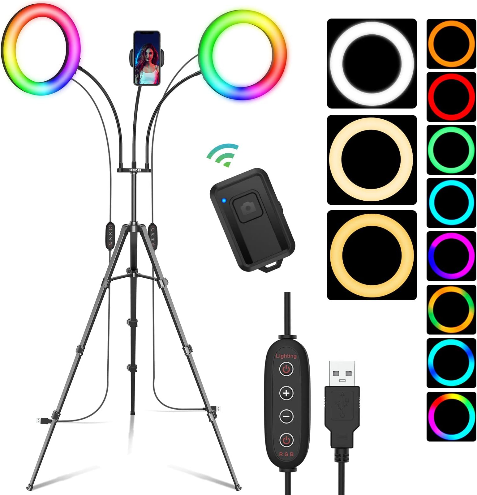 Dual 8" Selfie Ring Light with Stand and Phone Holder, 76" Extendable Light Stand & Dimmable 29 Colors of Double LED Circle Lights Compatible for TikTok/Live Stream/Makeup/YouTube