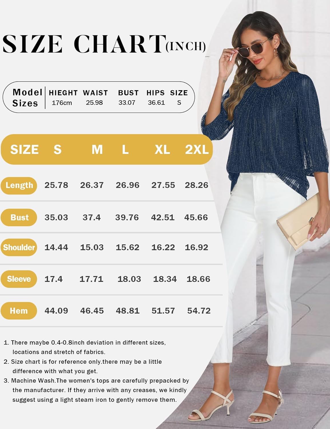 Relipop Womens 3/4 Sleeve Sparkle Top Casual Loose Fit Mesh Pleated Double Layered Tunic Tops - Image 7