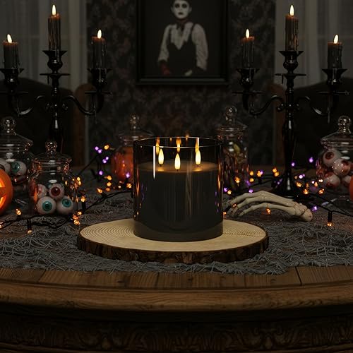 Miniatura 4 de Homemory Vela sin llama extra grande de 6 x 6 pulgadas con 3 mechas, vela LED de cristal, vela de cera real a pilas con control remoto y