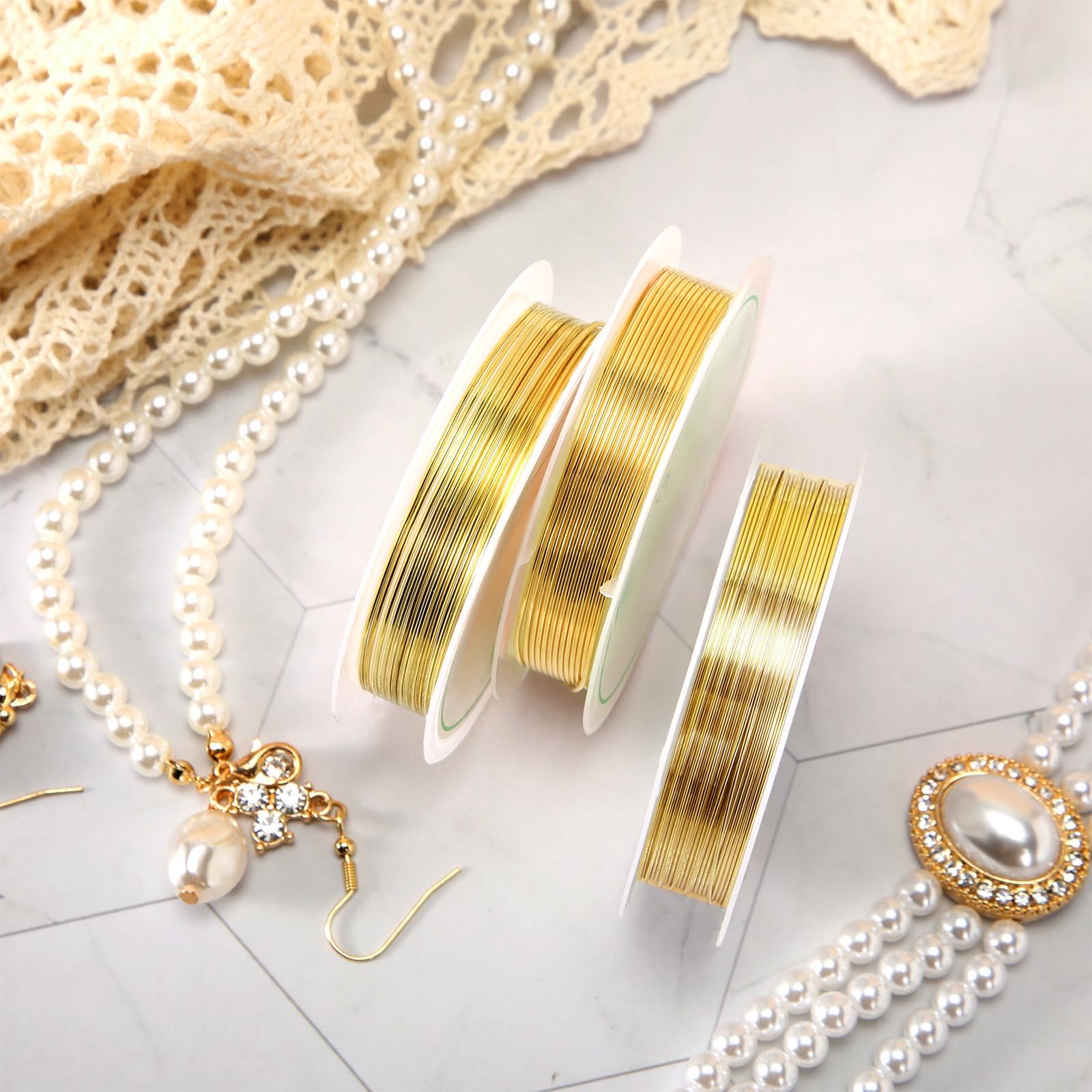 Mixweer Kupferdraht in 5 Größen, 18, 20, 22, 26, 32 Gauge, anlaufgeschützt, Schmuckdraht für Schmuckherstellung, 120 m, Metall, Perlenhandwerk (Gold), 15 Stück