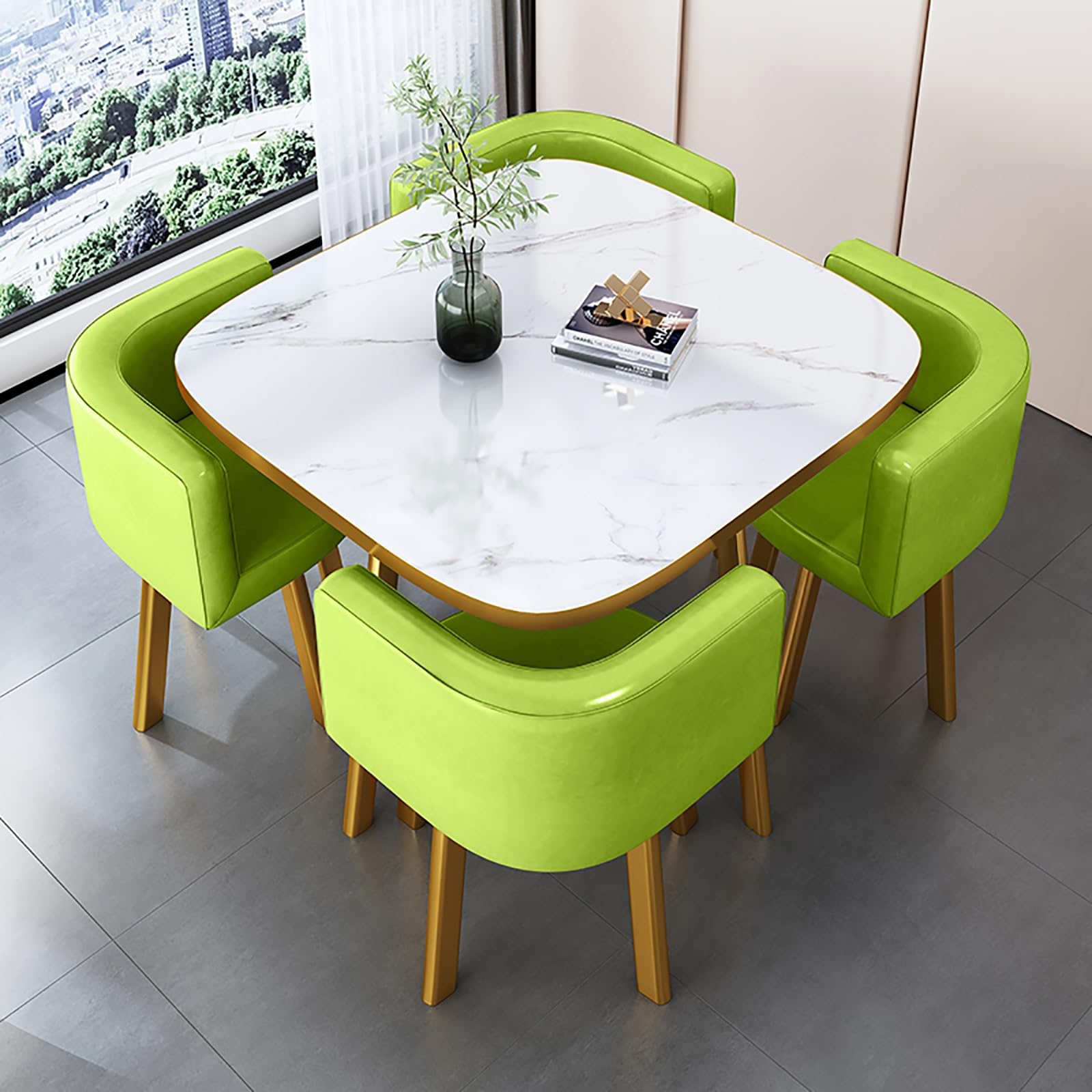 Round Dining Table Set for 4 Marble Table with Chairs Office Reception Desk and Chair Set Suitable for Lounge Living Room Office Space Modern and Elegant Design,Green-Square-Leather
