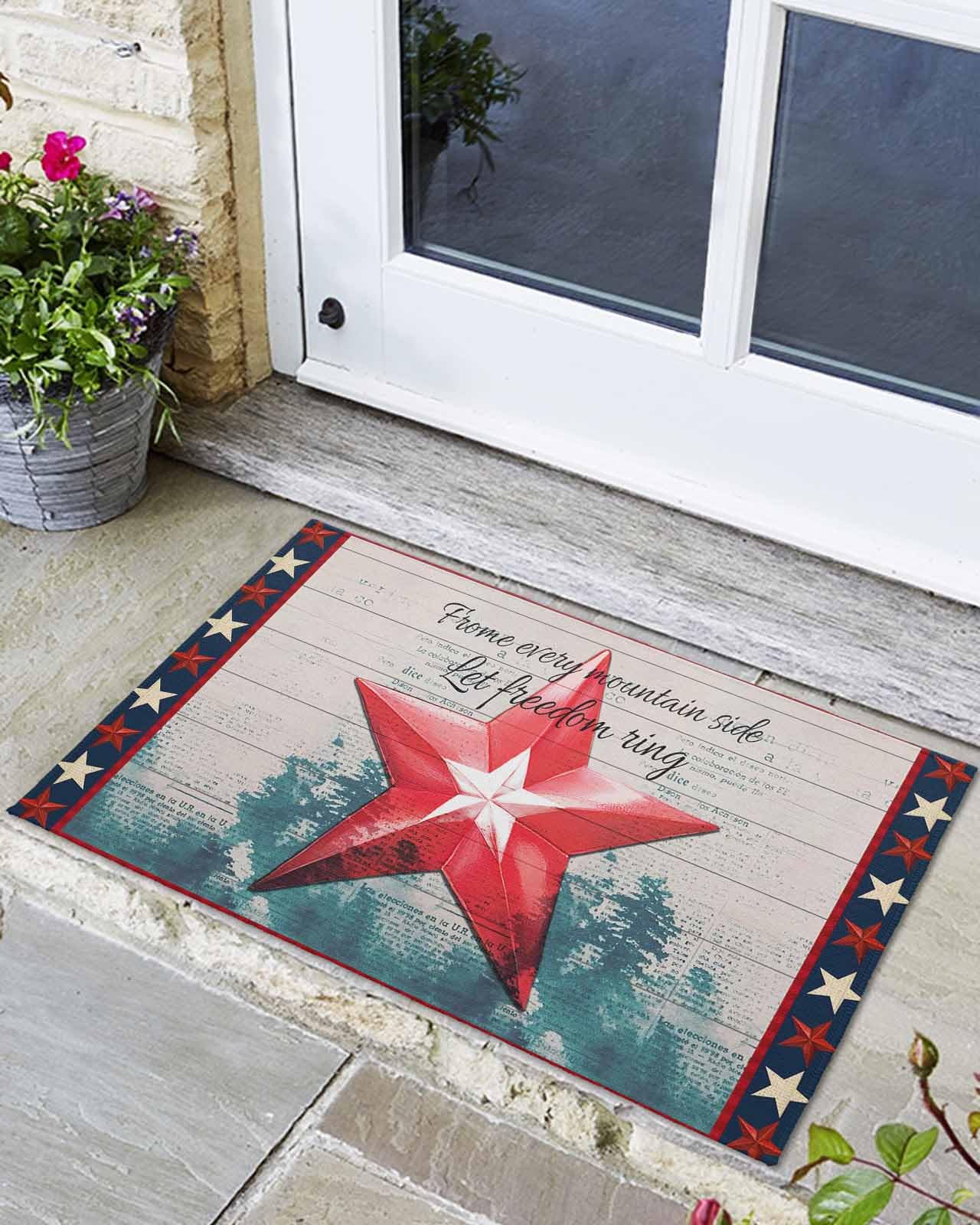 4th of July Welcome Doormat Independence Day Non-Slip Front Door Mat Red Pentagram Absorbent Bath Mats Retro Stripes