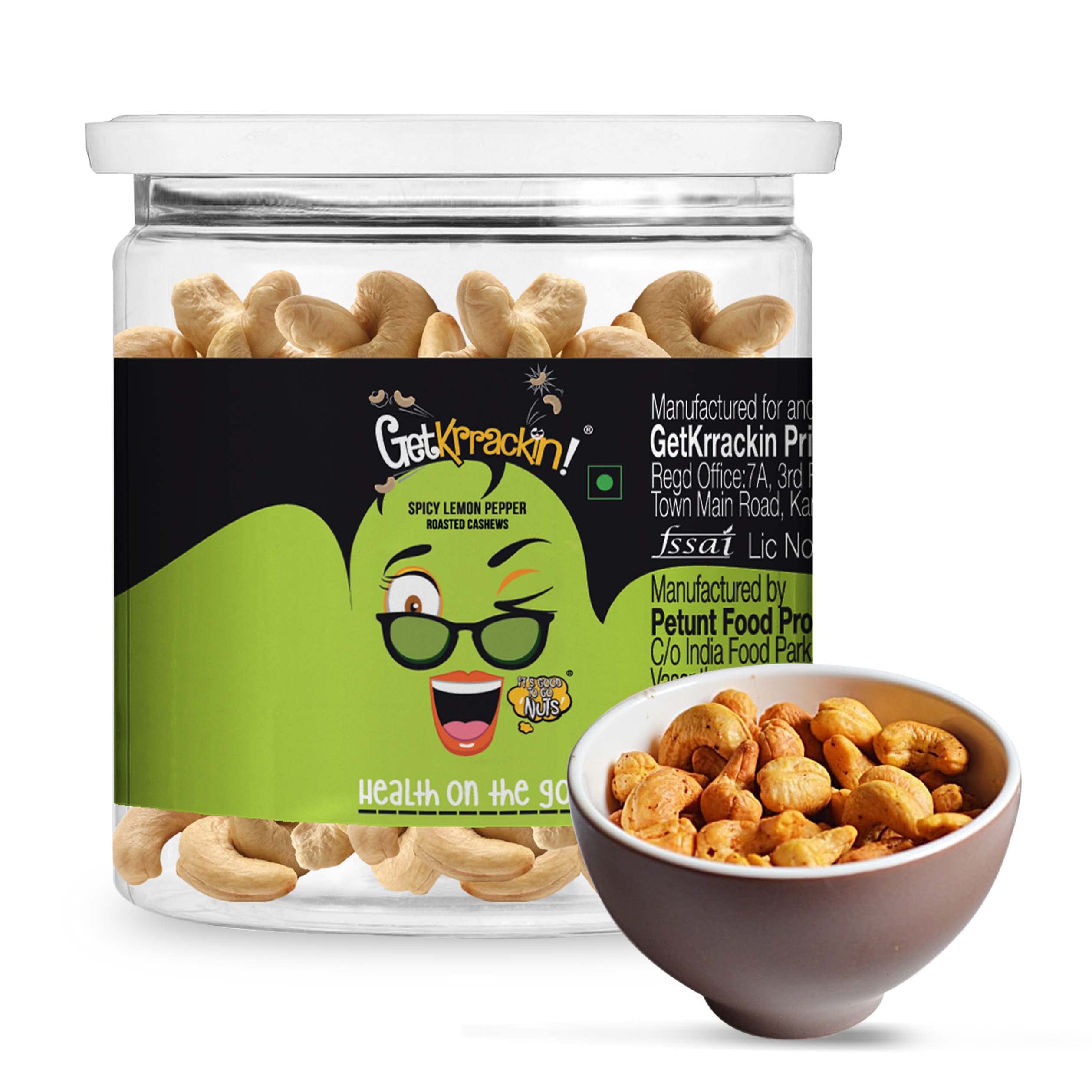 Sponsored Ad - GetKrrackin! Spicy Lemon Pepper Cashew Nuts - 200g Jar | Salted Black Pepper Roasted Kaaju | Zero Oil, Not Fried | Spicy Masala Kaju, Chakna | Ready to Eat Snacks | Rich in Protein and Dietary Fiber