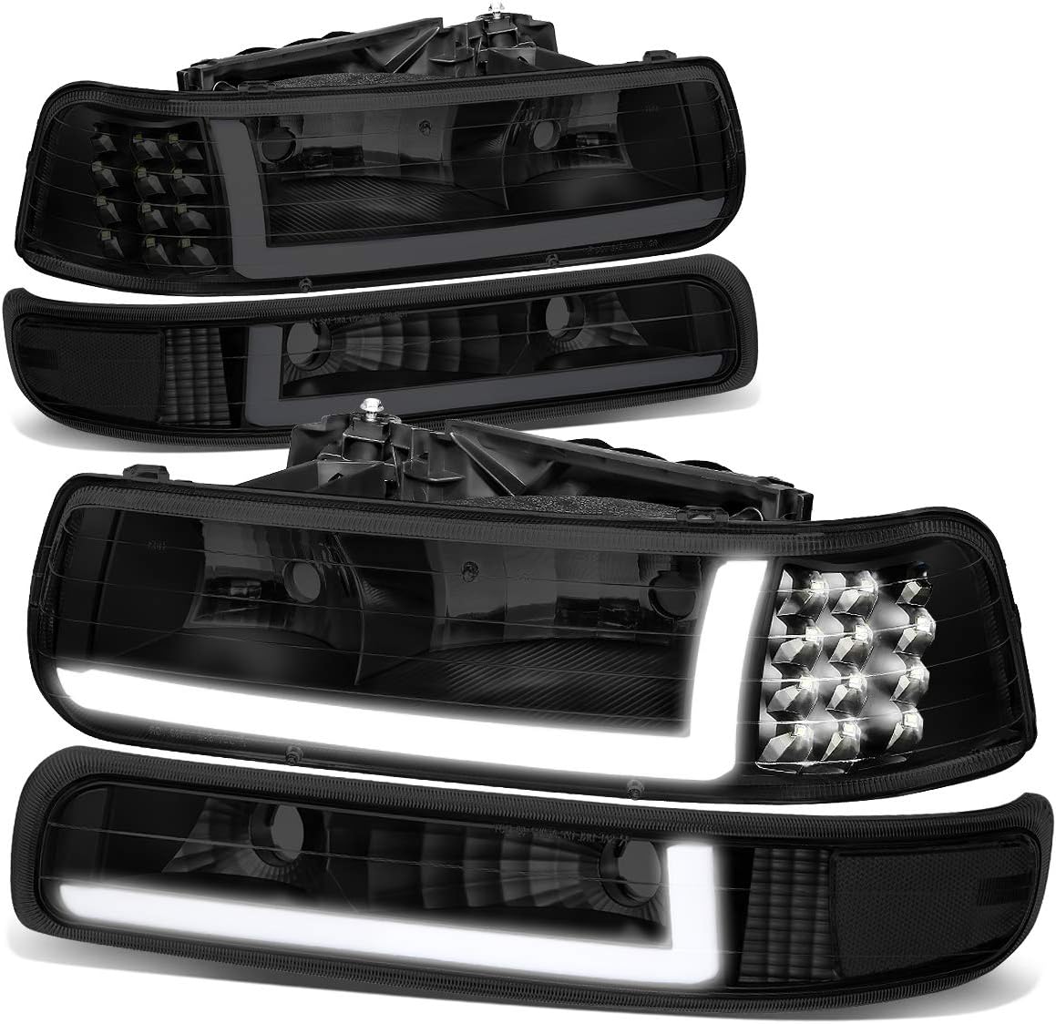 Auto Dynasty 4PCS LED DRL Headlights Assembly and Bumper Lamps Compatible with Chevy Silverado Suburban 1500 2500 3500 Tahoe 99-06, Driver and Passenger Side, Smoked Lens Clear Corner