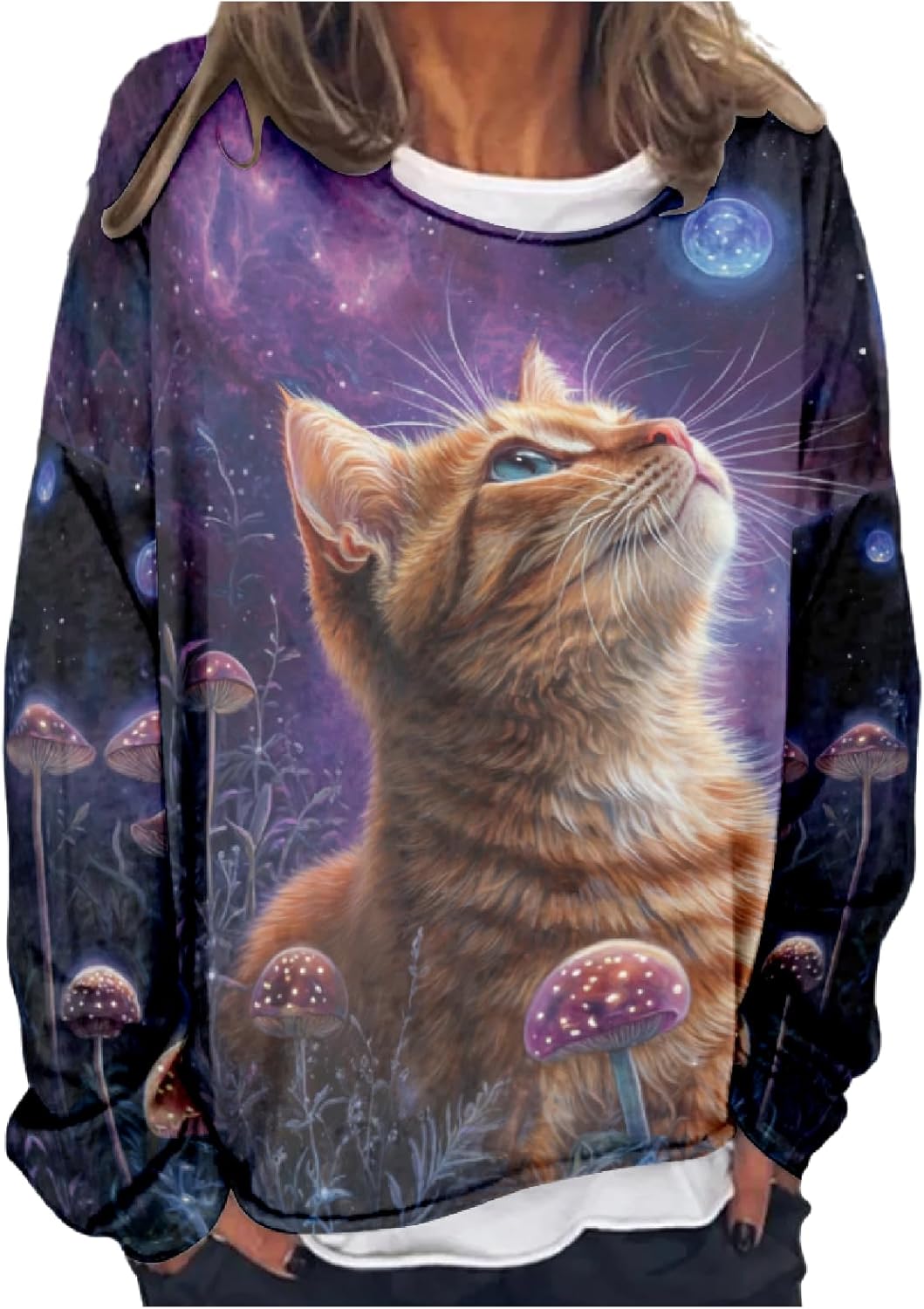 ZOCAVIA Womens Abstract Cat Sweatshirts Y2k Art Oil Painting Cat Pullover Tops Oversized Casual Long Sleeve Graphic Tees