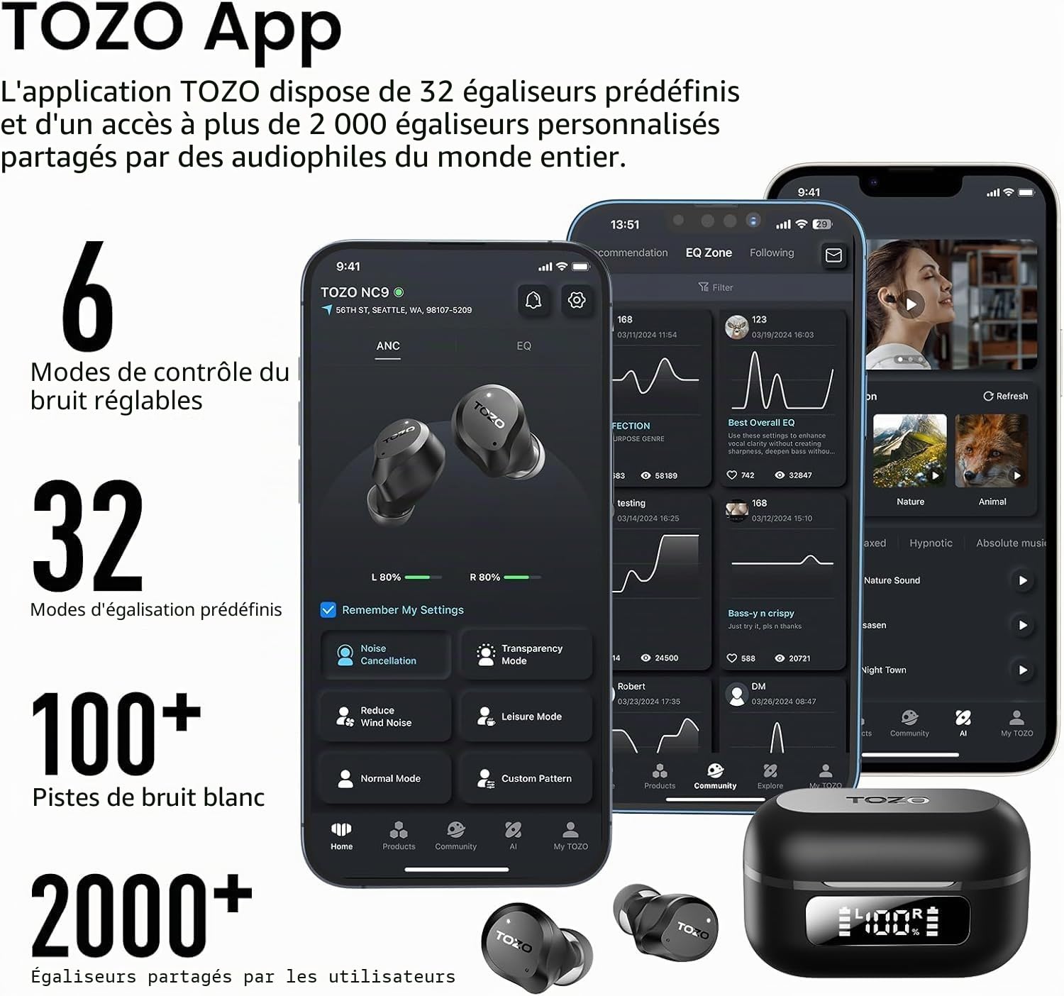 TOZO NC9 Écouteurs Bluetooth 5.3 sans Fil avec ANC Hybride Jusqu’à 45 DB