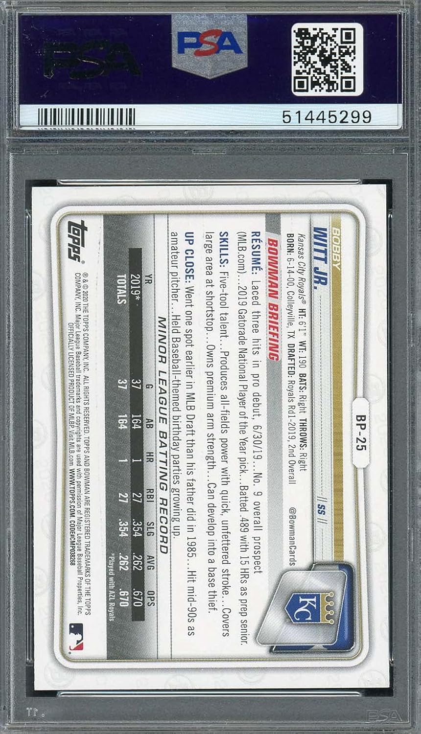 Bobby Witt Jr 2020 Bowman Paper Prospects Rookie Card RC #BP25 Graded PSA 10 Gem Mint (Cert# 51445299)