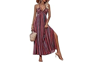 Women's Boho Striped Print Halter Neck Tie Back Maxi Dress Split Thigh...