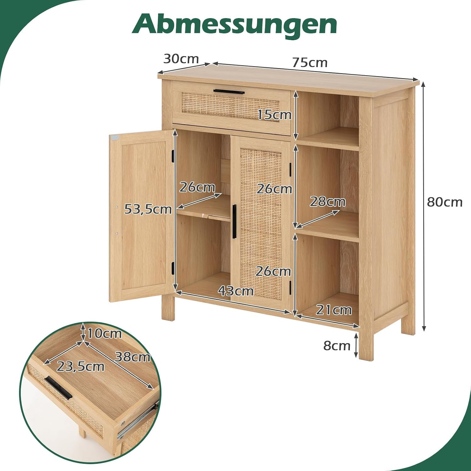 Wooden Kitchen Cabinet, Sideboard with Open Compartments, Rattan Weave Doors & Drawers, Buffet Cabinet for Living Room, Kitchen & Dining Room, 75 x 30 x 80 cm