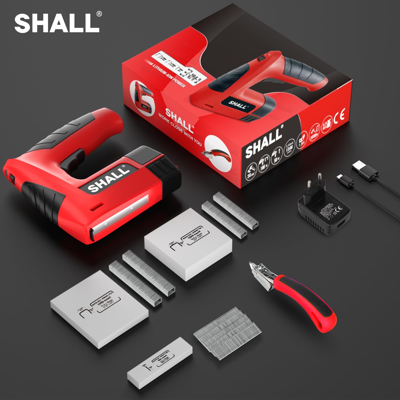 SHALL Agrafeuse électrique 3 en 1, agrafeuse sans fil pour tapisserie d'ameublement avec 2500 agrafes, dégrafeuse et chargeur rapide pour travaux manuels, bricolage, décoration