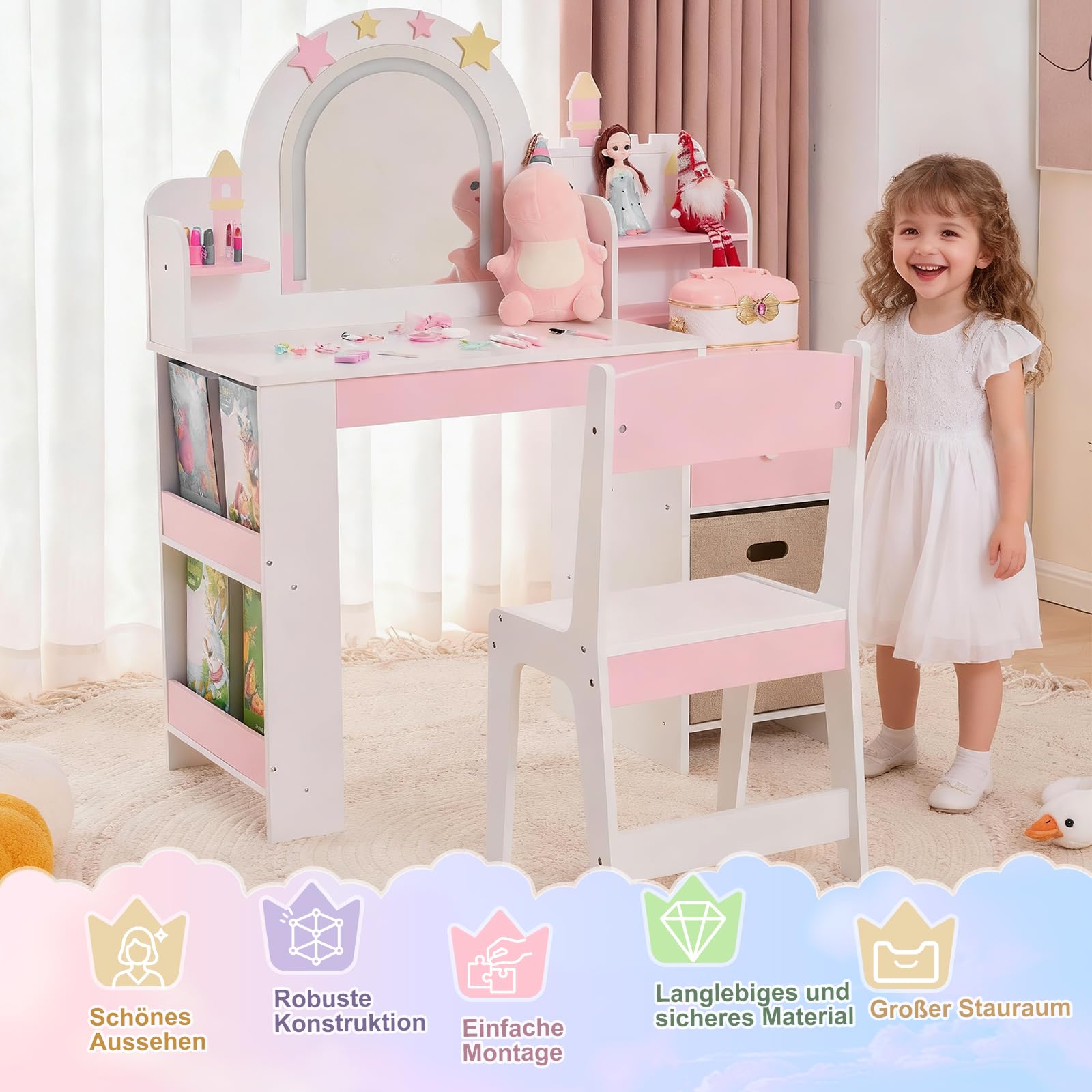 LALAHO Schminktisch Kinder mit Hocker Frisiertisch Kinderschminktisch für Mädchen aus Holz mit Beleuchtung, Spiegel, 5 Schubladen & Bücherregal，-Kosmetiktisch Set für ab 3 Jahren，(Weiß)