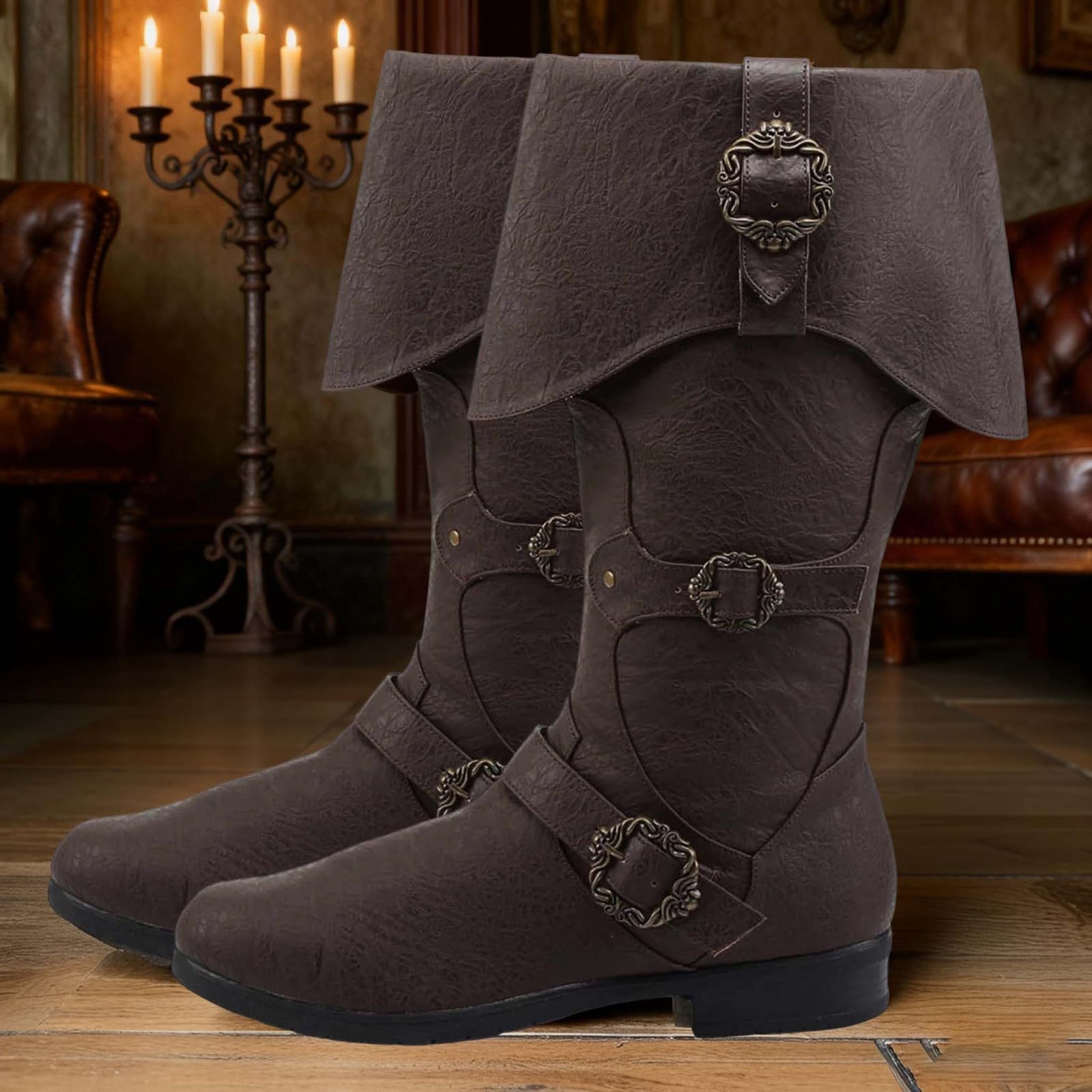 Generisch Bottes 2026 avec fermeture éclair latérale et sangle à boucle de style médiéval - Chaussures décontractées confortables pour les activités de plein air