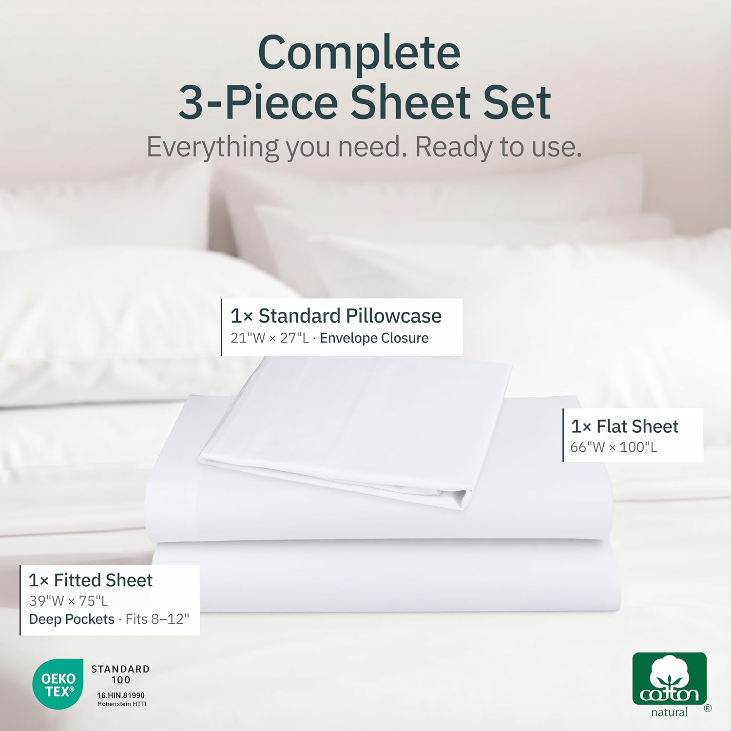 California Design Den Soft 100% Cotton Twin Size Sheets, 3 Pc Set, White