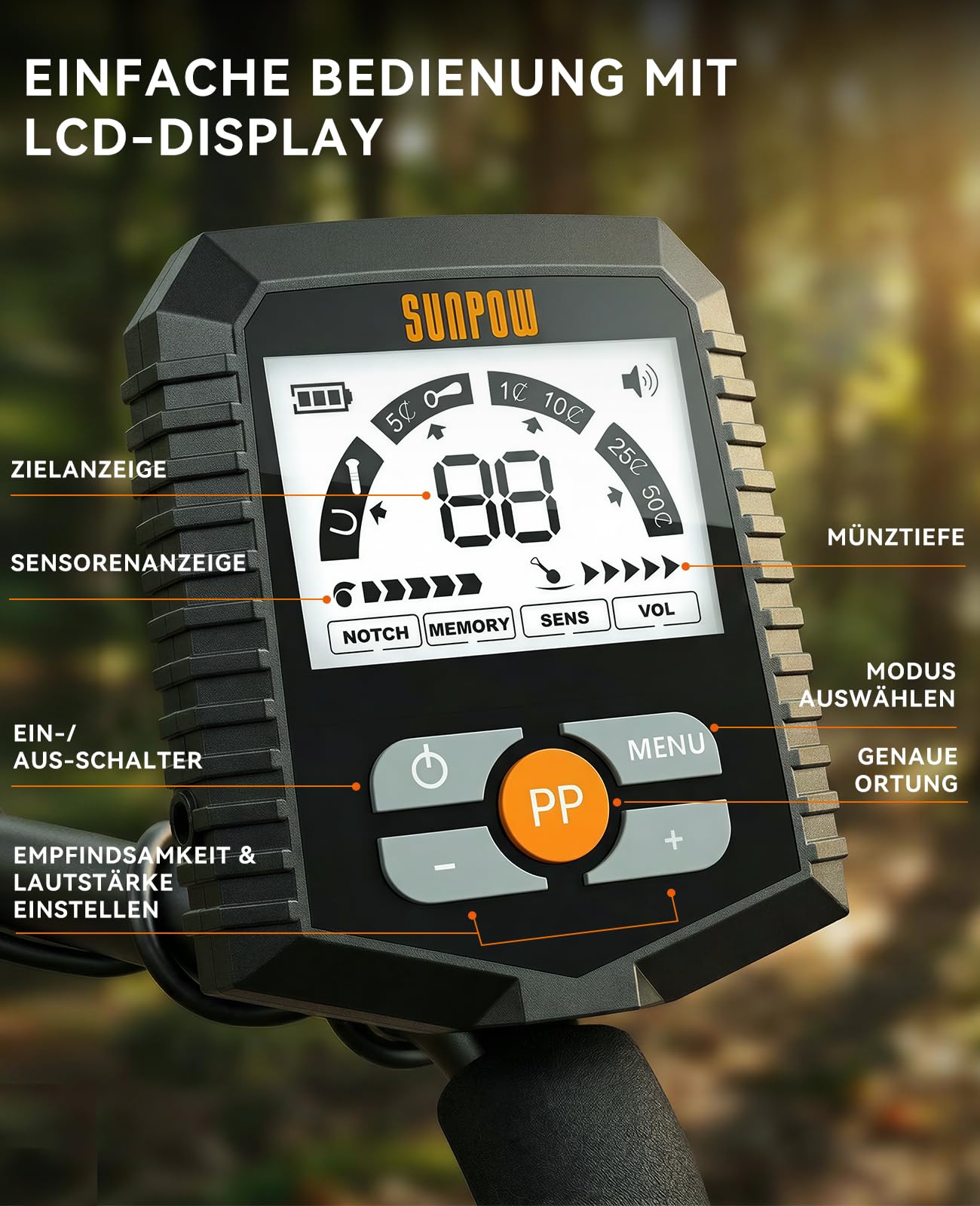 SUNPOW Metalldetektor Profi Set für Erwachsene & Kinder – Verbesserter Chip, Hohe Genauigkeit, Starke Störungsunterdrückung, 4 Suchmodi (Ganzmetall, Kerbe, Pinpoint, Memory), LCD-Display, Komplettsett