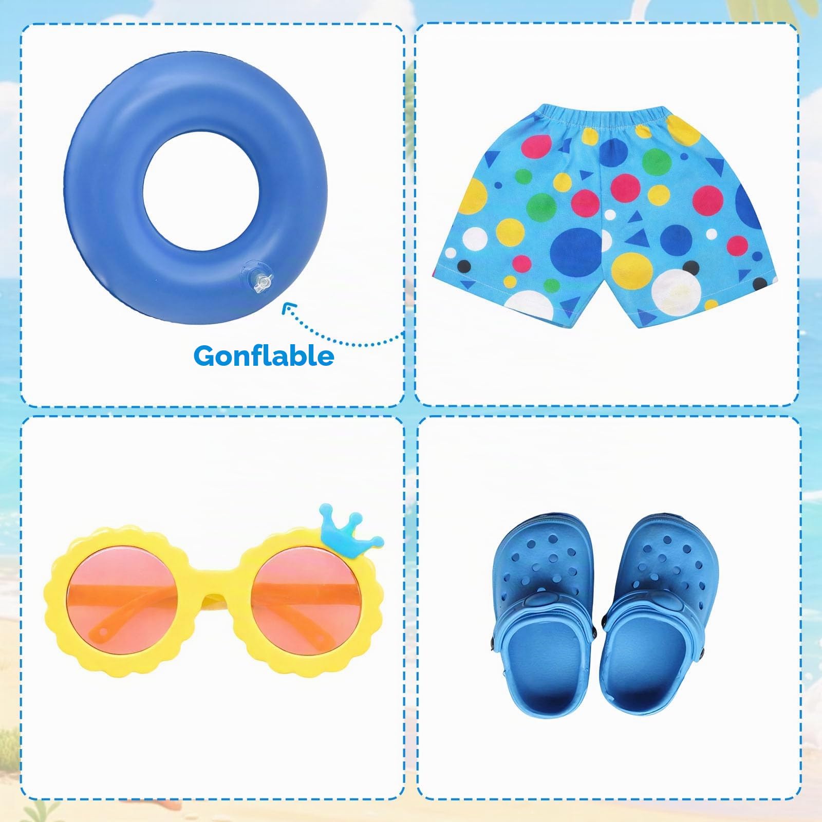 Lot de 6 maillots de bain pour poupées de 35 à 45 cm, motif bleu marine avec bonnet de bain, bouée, chaussures et lunettes de soleil pour poupées de 35 à 45 cm