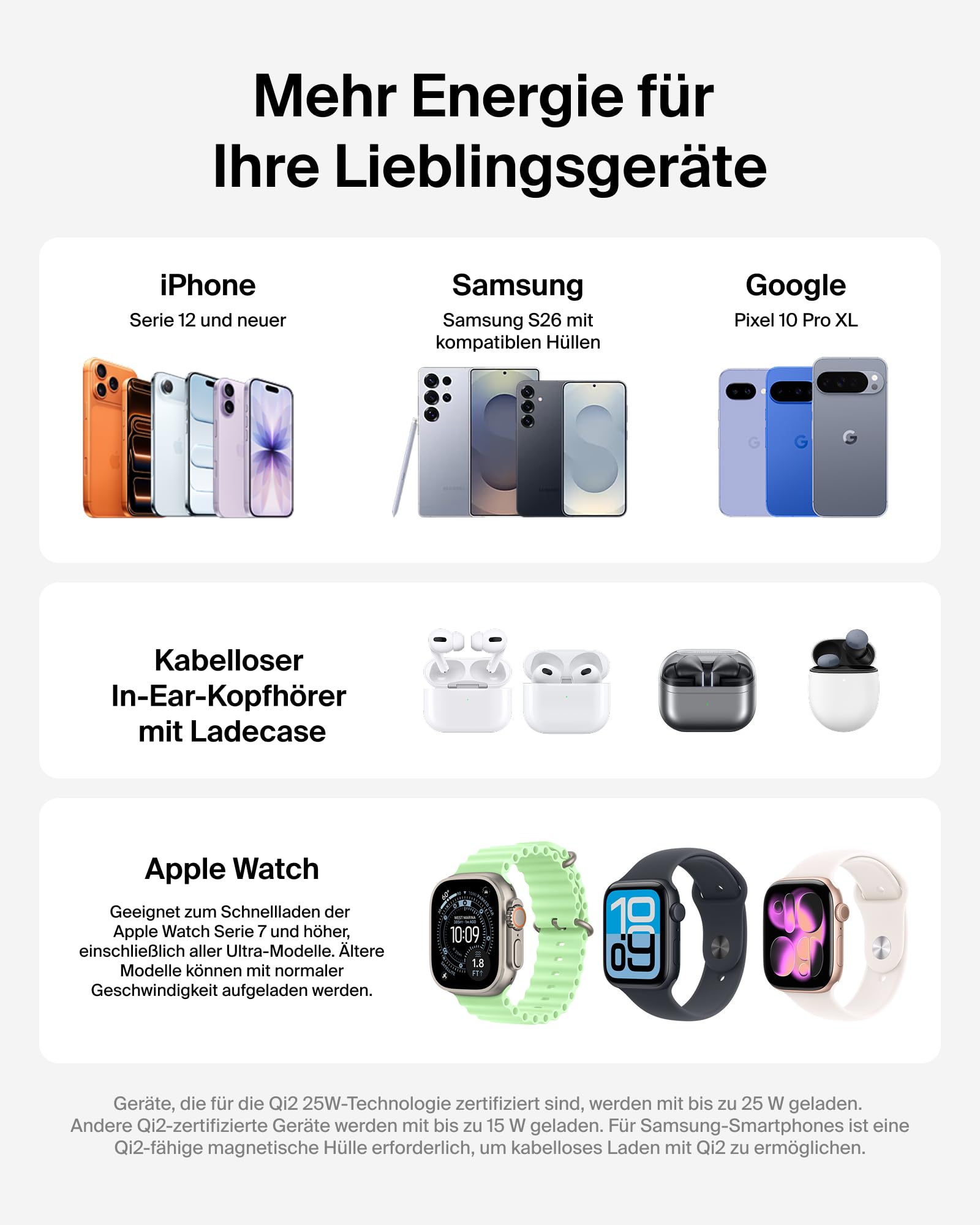 Belkin UltraCharge 3-in-1 Induktive Ladestation mit Qi2, 25W – Schwarz | Qi2.2-zertifiziert, MagSafe Kompatibles Kabelloses Ladegerät für iPhone, Apple Watch, Kopfhörer; USB-C-Kabel, 45W Netzteil