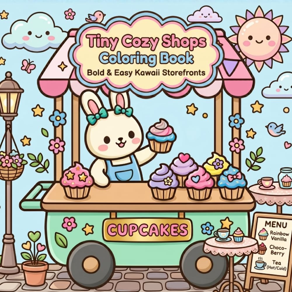 Tiny Cozy Shops Coloring Book: Bold & Easy Kawaii Storefronts for Kids, Teens, and Adults: Cute Shop Scenes, Adorable Animal Storefronts, and Relaxing Simple Coloring Pages