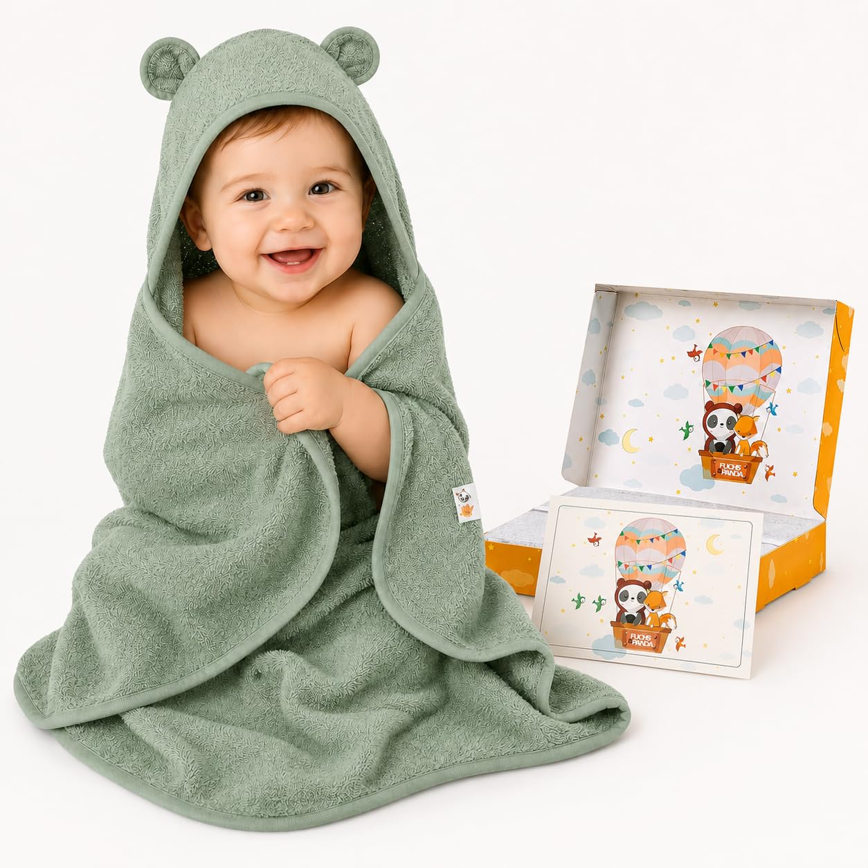 FUCHSUNDPANDA ® Kapuzenhandtuch Baby EXTRA dick, warm & weich | 75x75cm Babyhandtuch mit Kapuze (100% Bambus) | Baby Handtuch Kapuze mit toller Geschenkverpackung (Kupfer-grün)