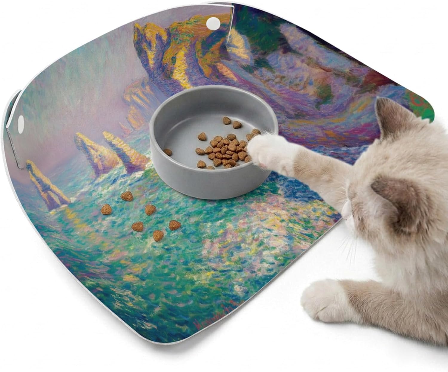 Landscape Art Pet 100% Waterproof Feeding Mat with Raised Edges, Ocean Cliffs Coastal View Cat Small Dog Foldable Food Mat with Easy Clean Leather for Home Travel 17.7x11.8in