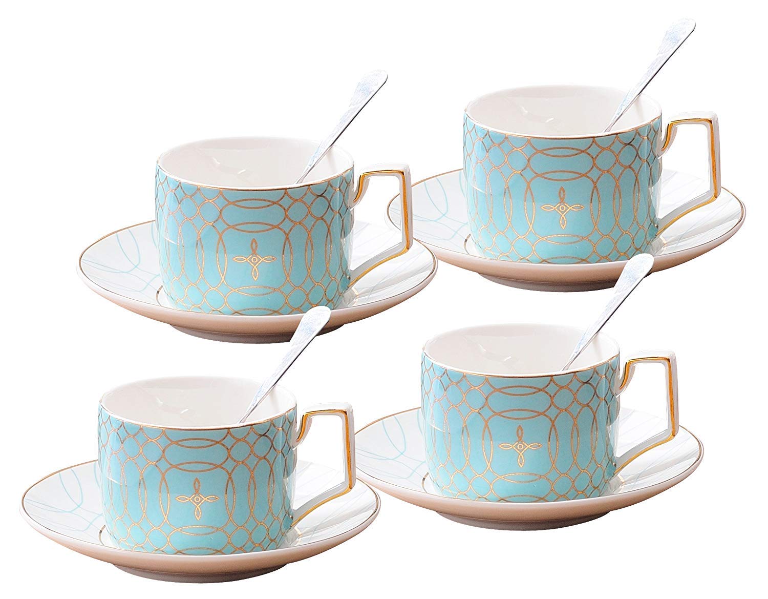 YBK Tech Set Tazza E Piattino In Porcellana Bone China - Bianco Con Bordo Dorato, 200ml - Con Cucchiaio, Regalo Elegante