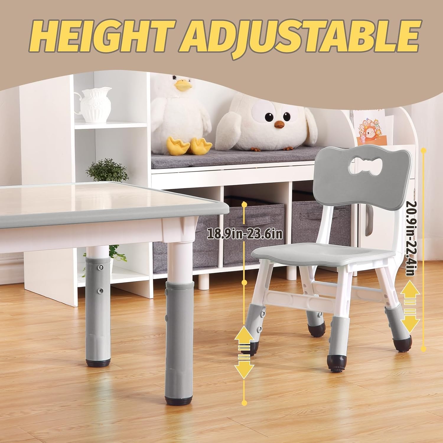 Adjustable Kids Table & 6 Chairs Set - 47.2" Multi-Activity Desk with Non-Slip Legs, Graffiti-Resistant Desktop, Perfect for Study, Arts & Crafts, Study Area, Daycare, or Home - Grey