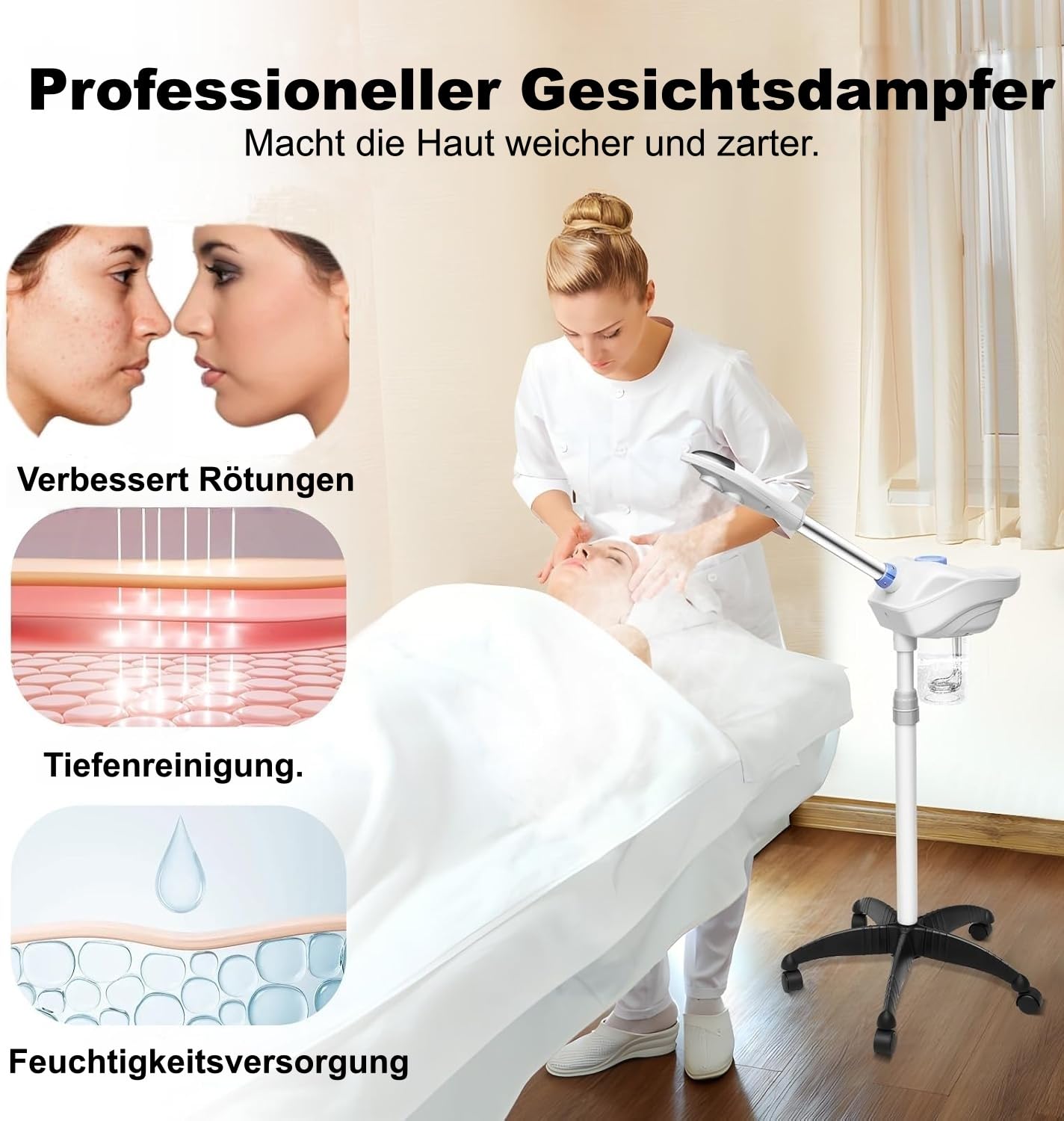 Ozon-Gesichtsdampfer, Dampfmaschine Face Steamer Facial Multifunktions mit 360° Drehbare Düse und Räder, Gesicht Dampfgerät Professionelle mit 860ml Wassertank für Salon und Zuhause