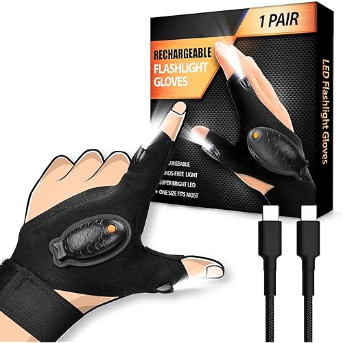 HANPURE Rechargeable LED Flashlight Gloves Valentine Gifts for Men Birthday Valentine's Day Gift Idea for Dad Husband Him Boyfriend Car Guy Waterproof Lighted Gloves for Repairing Fishing Camping Tool