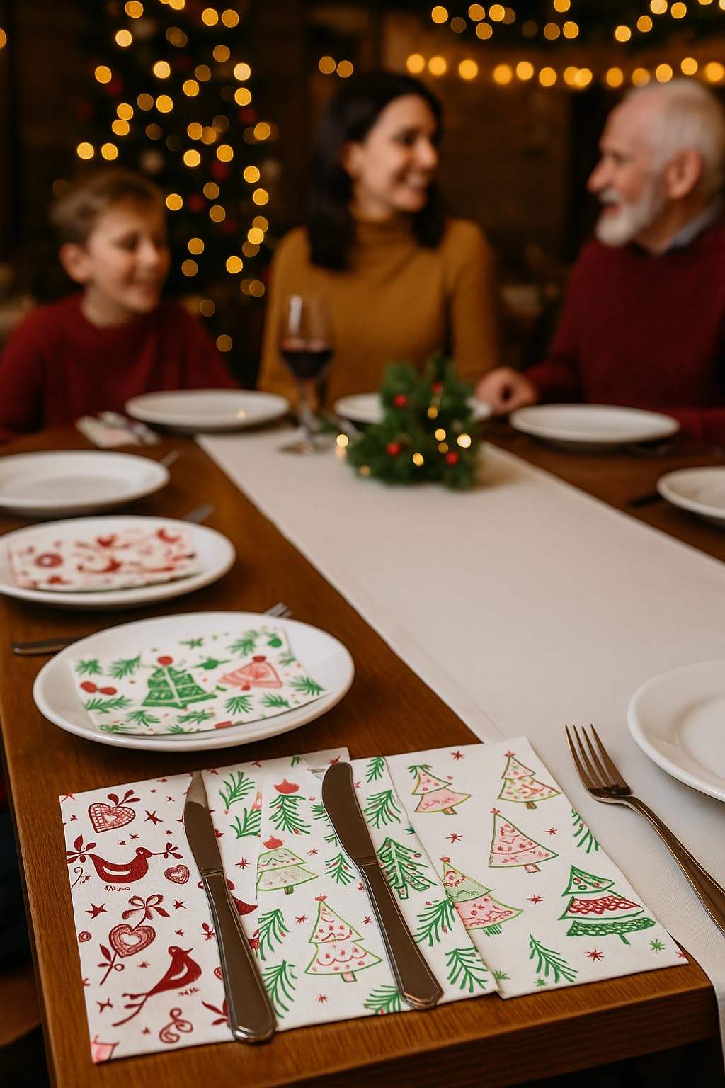 600 Servilletas de Navidad 40x40 cm Punta-Punta | 2 Capas Celulosa Premium | Decoración Navideña | Suaves, Resistentes y Elegantes | Plegado 1/4 (campanas blanco)