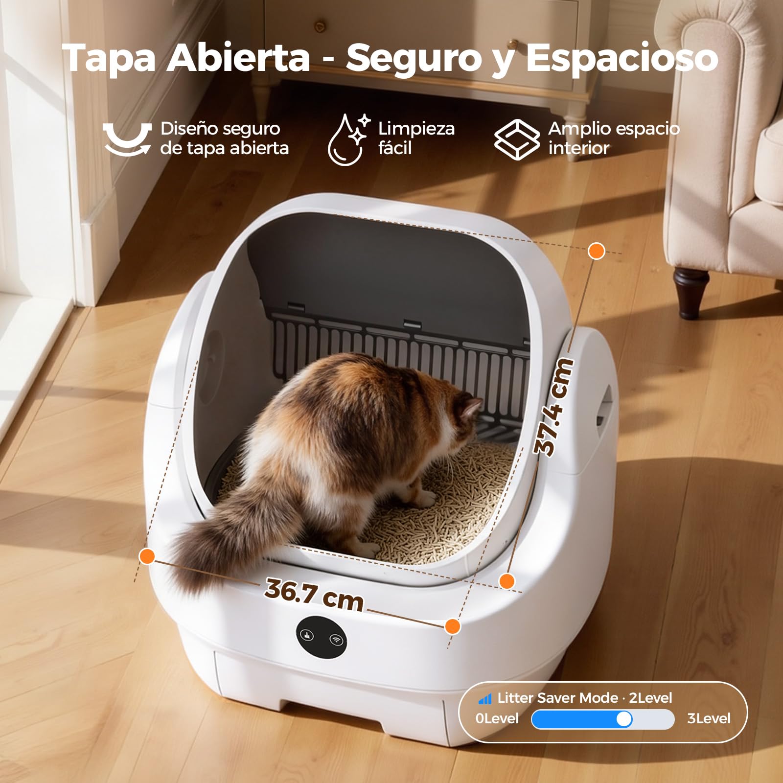 Arenero Gatos Autolimpiable Abierto, Ellenpent Caja de Arena Automática | Sin Olores e Higiénico, Capacidad Grande, Control por App, Seguro, Limpieza Rápida, Adecuado para Hogares con Varios Gatos