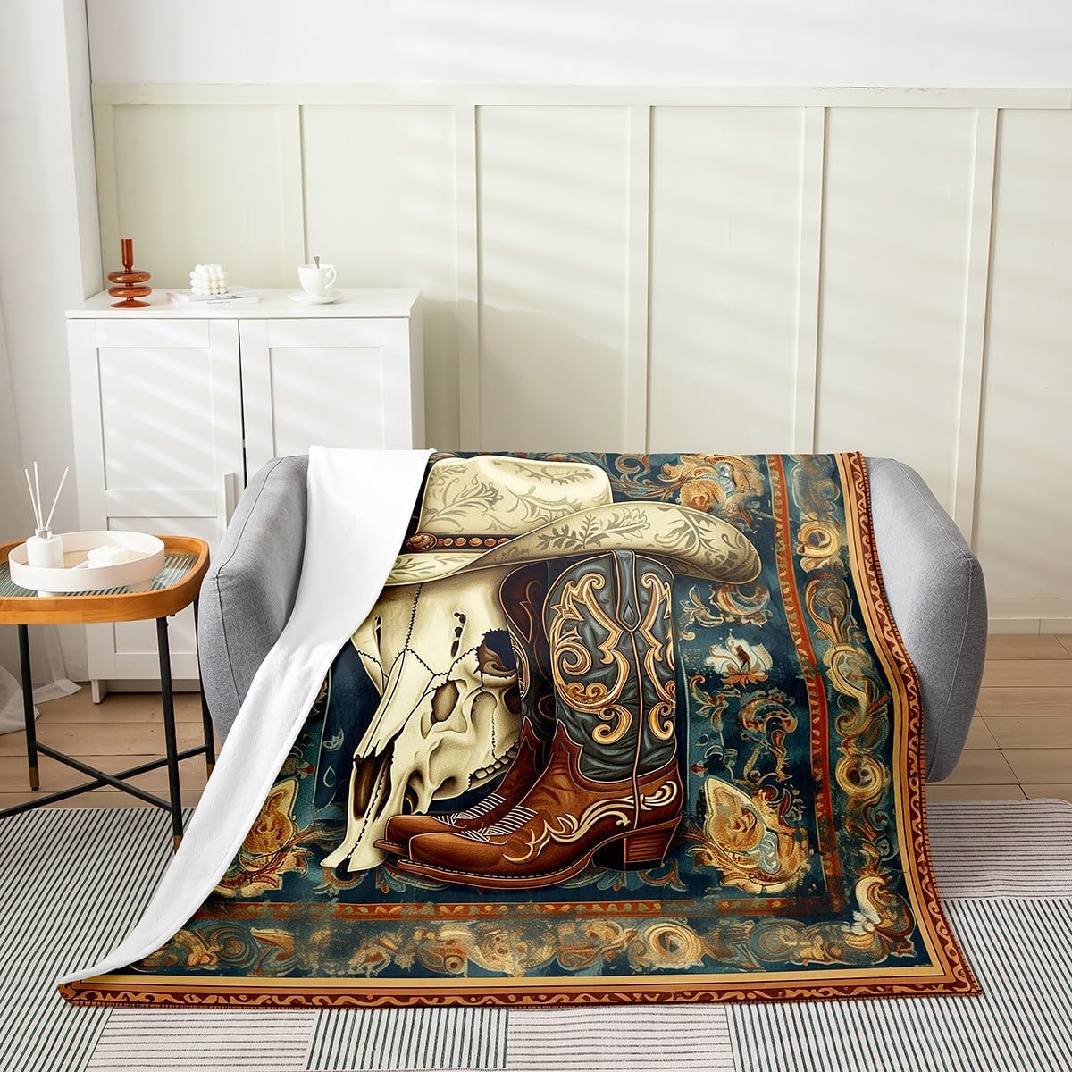 Western Cowboy Fleece Blanket,Retro Animal Bull Skull Cowboy Hat Boots Bed Blanket for Kids Teens,Bohemian Tribal Mandala Floral Brown Flannel Blanket for Room Decor,Queen 90"x90"