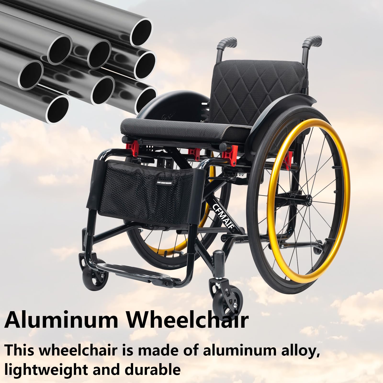 Aluminiowy wózek inwalidzki, składany, samobieżny, sportowy wózek inwalidzki, lekki, dla osób niepełnosprawnych, zapobiegający przewróceniu (42 cm/16,5 siedzenia, srebrny)